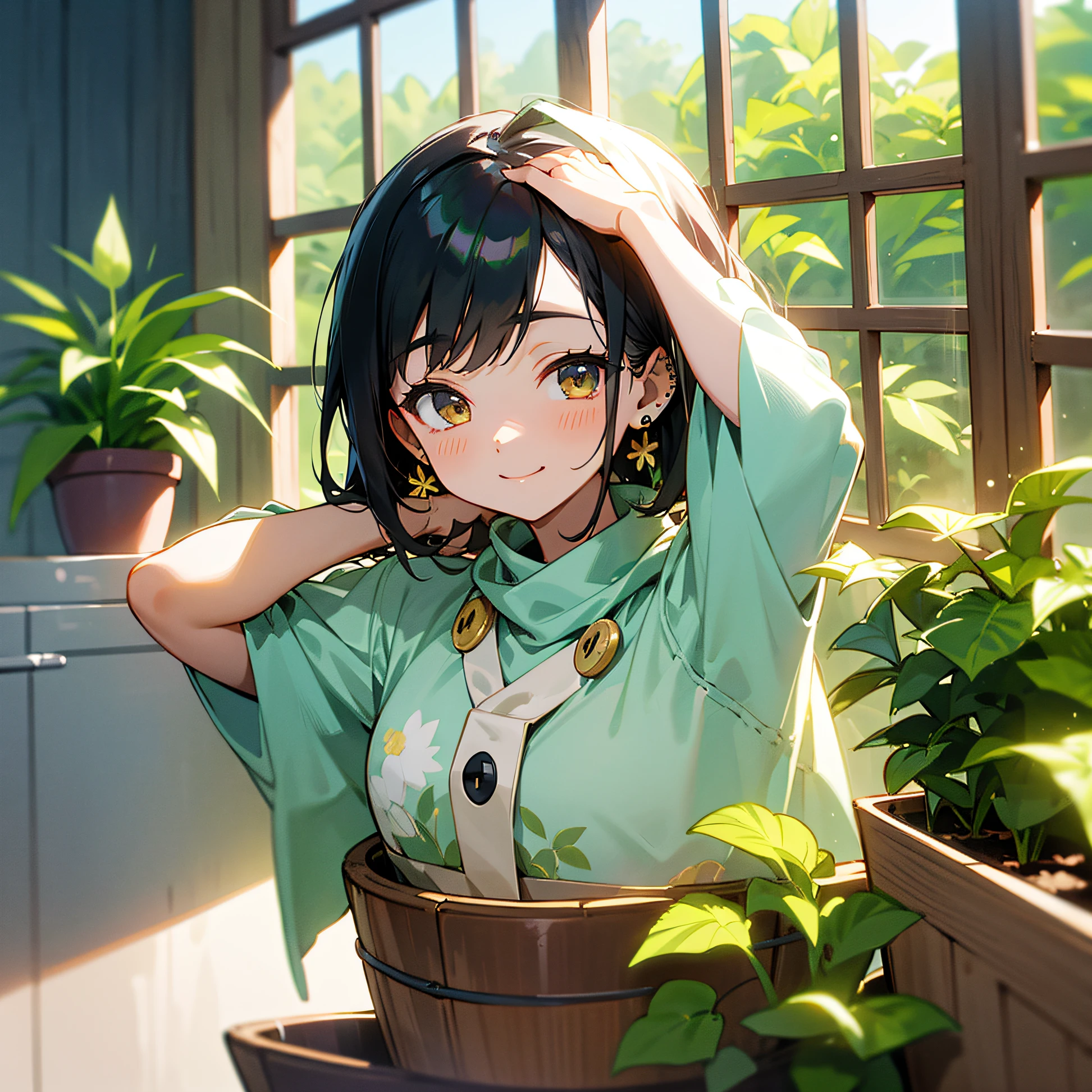 8k Waizumi Yarn Mist Window Sunlight Upper Body Slightly Raised Head Smile Biye Throw Eyes Crop Button Short Top With Stud Earrings Flower pot Greenery --auto