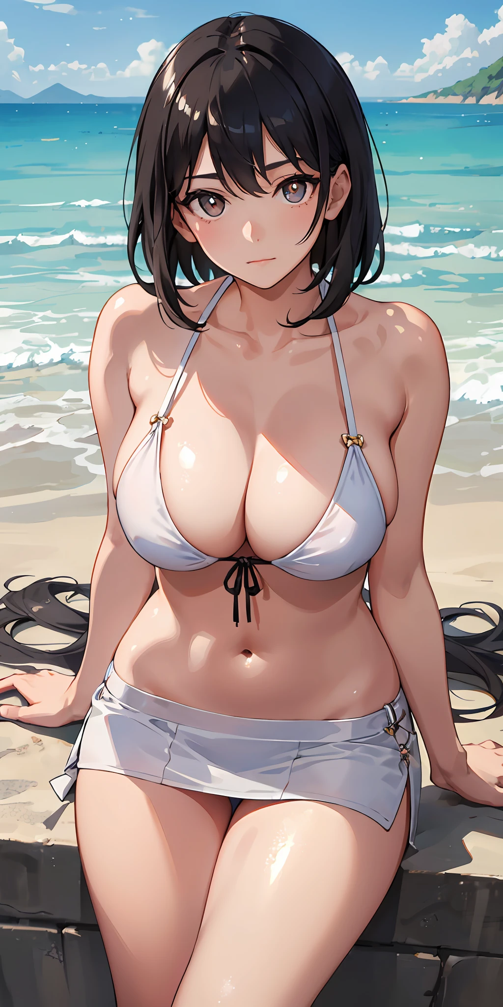 1girll, 独奏, Bikini white miniskirt, tmasterpiece, Best quality at best, realisticlying, ultra - detailed, (shiny skins, perspired:1.4), absurderes, looking at viewert, with short black hair, with brown eye,slenderness,Dynamic light and shadow,A high resolution,Sharp focus,depth of fields,The eyes are delicate,Sharp pupils,pupil realistic,(Bigchest:3.0),(Thigh thick:1.0),Outdoor beachfront,evening light
