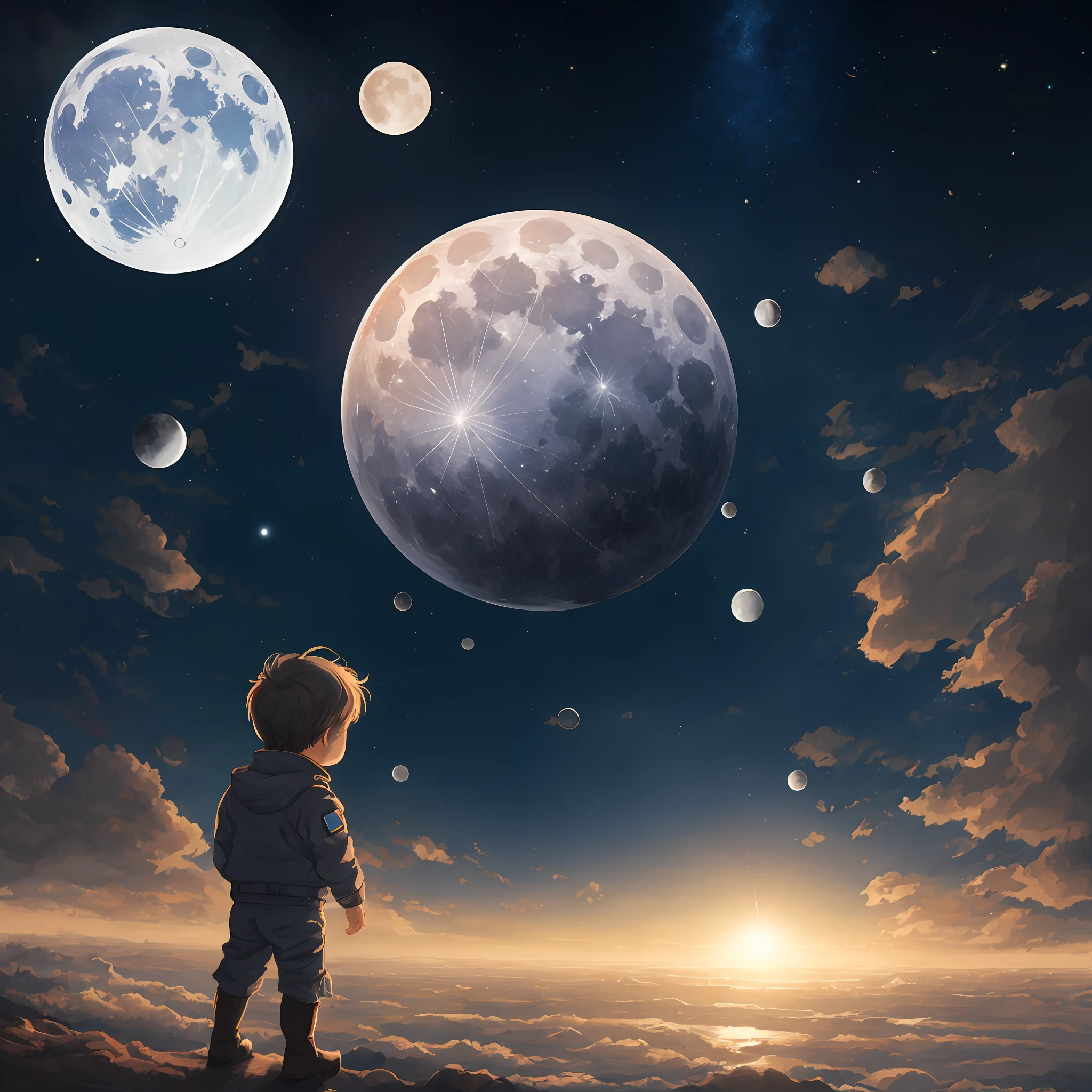 12k space, Cute little boy, Moon, planetes, Ambient,,warm ,Absurd resolution, Masterpiece, Excellent ray tracing, Best Painting, Best picture quality --auto