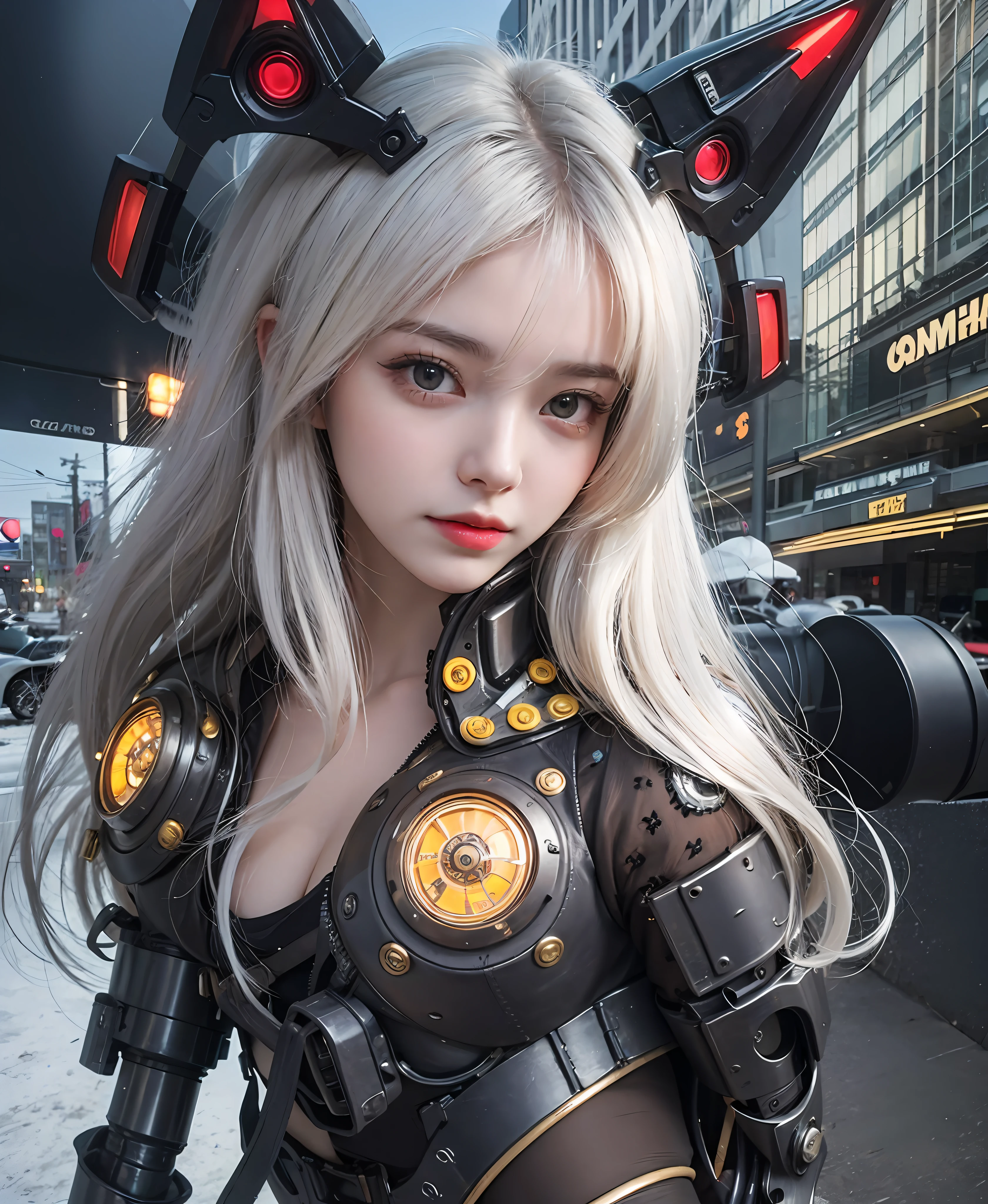 white  hair、long fluttering hair、strong breeze、Orange Eyes、radiant eyes、Steampunk Girl、Colossal tits、The face and chest are alive、Cleavage is visible。photoRealstic、portfolio、Gundam-style metal mecha suit、Combat cyborg、Steampunk details、metalic、detailed mechanical components、Bundle of thin tubes、Metal cylinder、Detailed neon、Fine LED、Fine parts