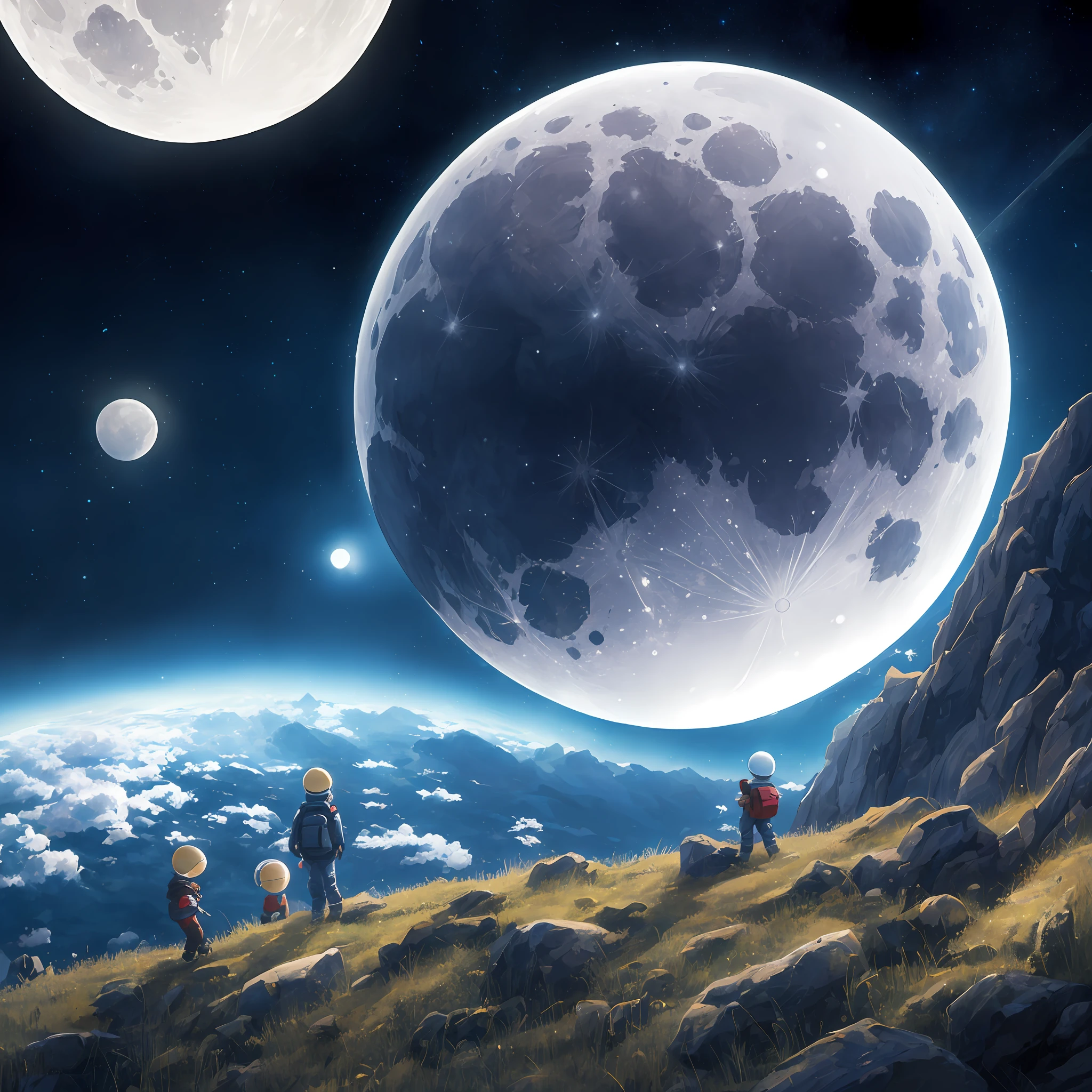 12k space, Cute little boy, Moon, planetes, Ambient,,warm ,Absurd resolution, Masterpiece, Excellent ray tracing, Best Painting, Best picture quality --auto