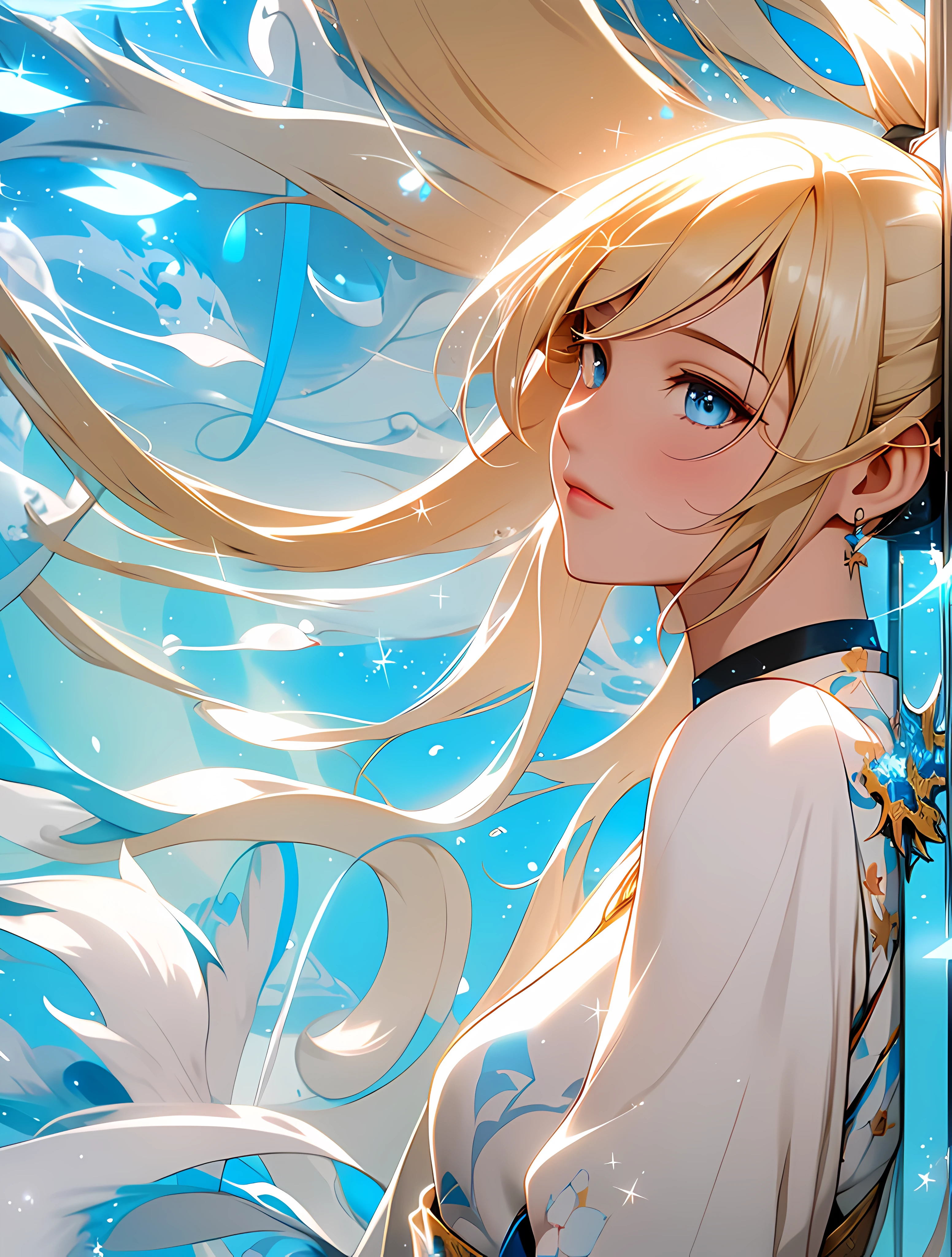 stunning delicate anime art, fantastical, (1girl:1.4), best quality, 4k resolution, ink flow, (fractal art:1.3), blonde hair, ponytail, dreamy, shimmer, fantasy, magic, dynamic lighting,