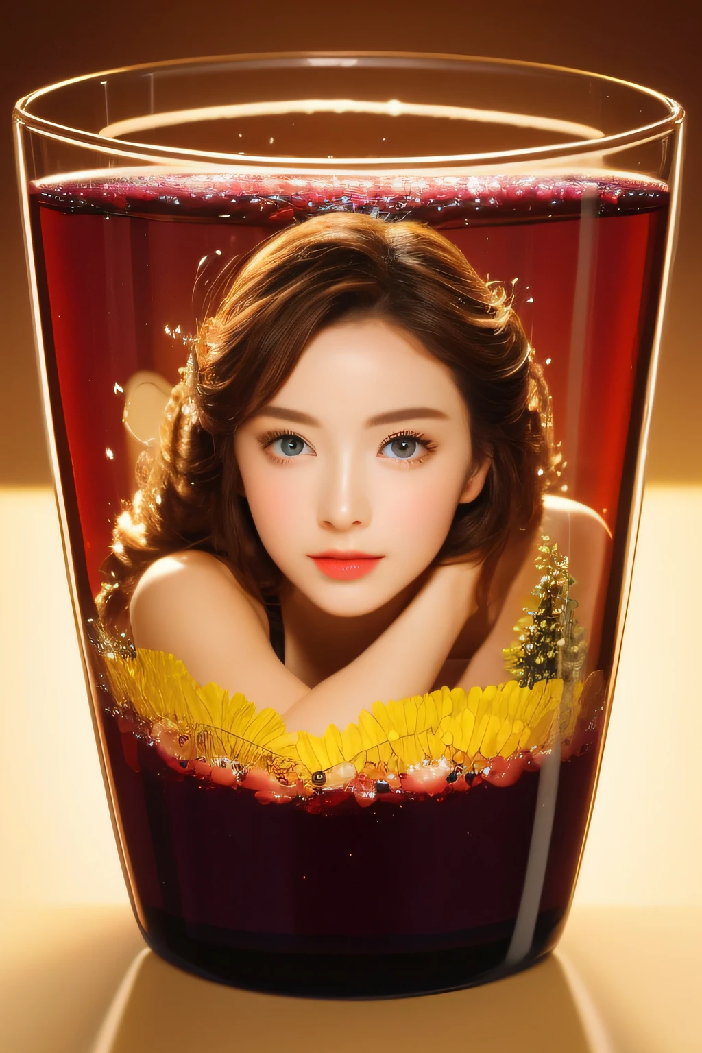 PHGLS,,wine glasses, in container, (​masterpiece:1.6, Top image quality), (Exquisite beautiful eyes: 1.2), 1girl in, 独奏, sitting on, A dark-haired,