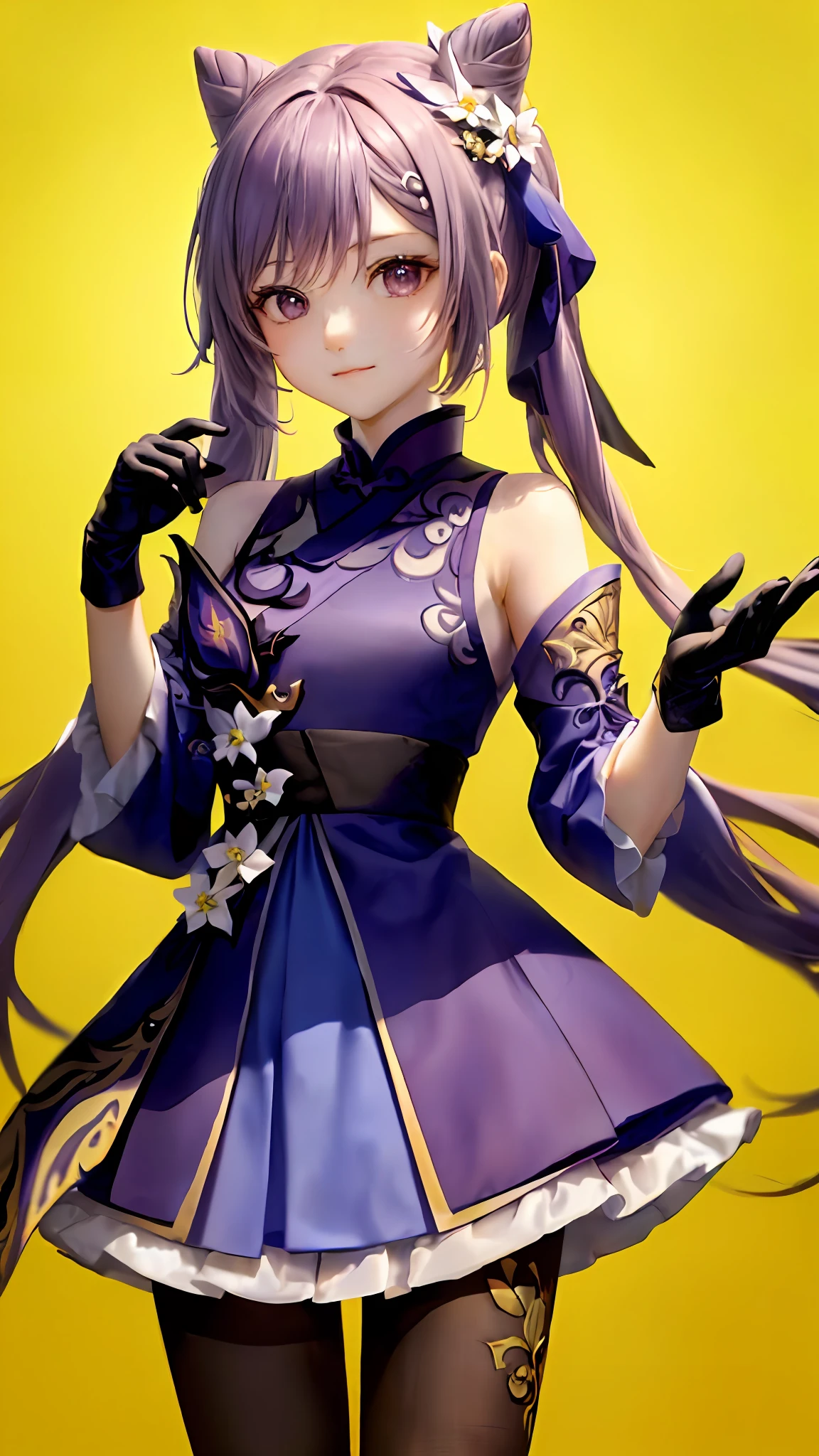 (巨作:1.2), (Best quality:1.2), keqingdef, 1girll, (Single person:1.2),Cowboy shot, (Cinematic light:1.2),(Perfect Hand 1.5), Slender beautiful legs,Playful,Purple gloves,Hide hands,(Background of ancient Chinese architecture:1.2),