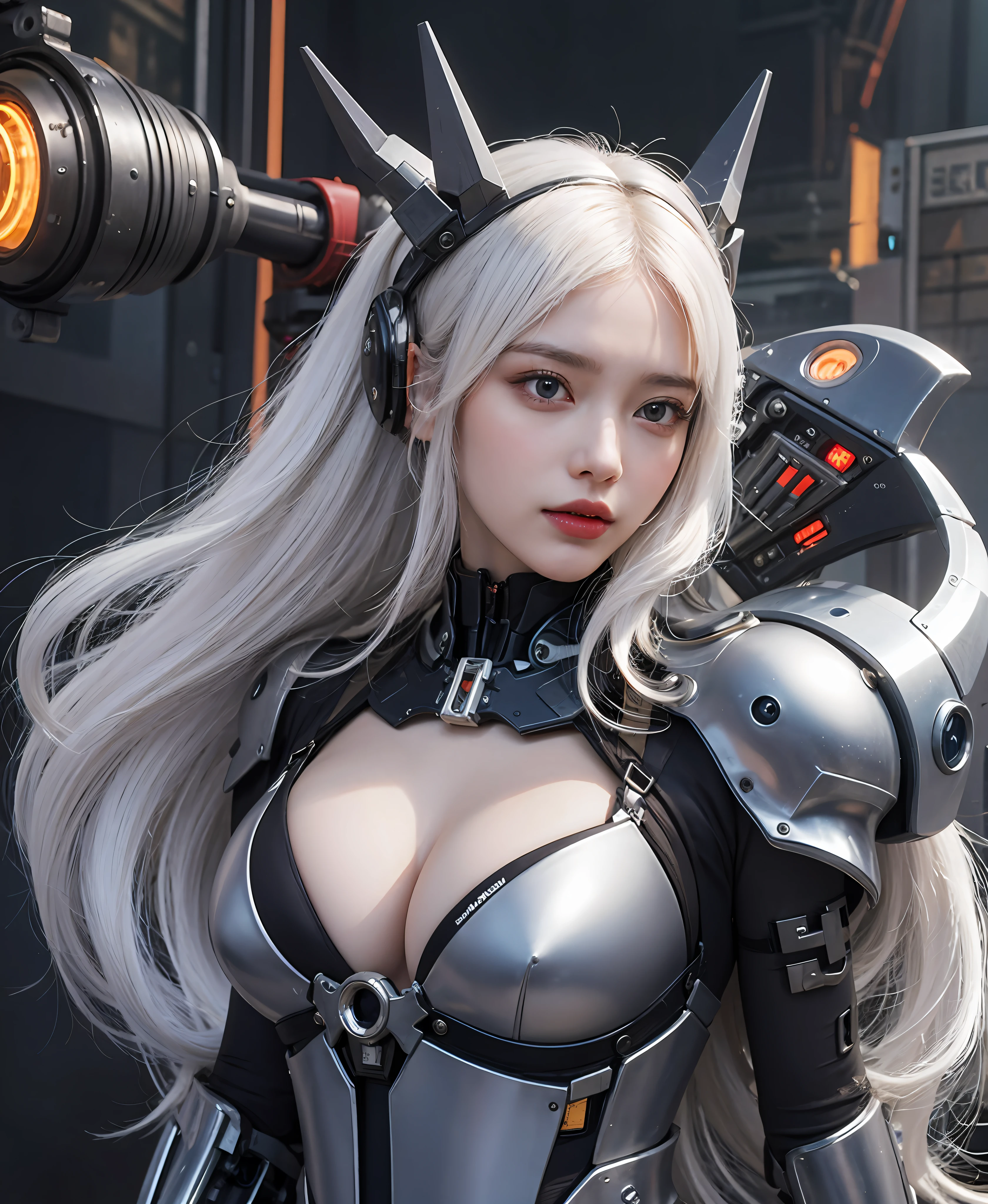 white  hair、long fluttering hair、strong breeze、Orange Eyes、radiant eyes、Steampunk Girl、Colossal tits、The face and chest are alive、Cleavage is visible。photoRealstic、portfolio、Gundam-style metal mecha suit、Combat cyborg、Steampunk details、metalic、detailed mechanical components、Bundle of thin tubes、Metal cylinder、Detailed neon、Fine LED、Fine parts