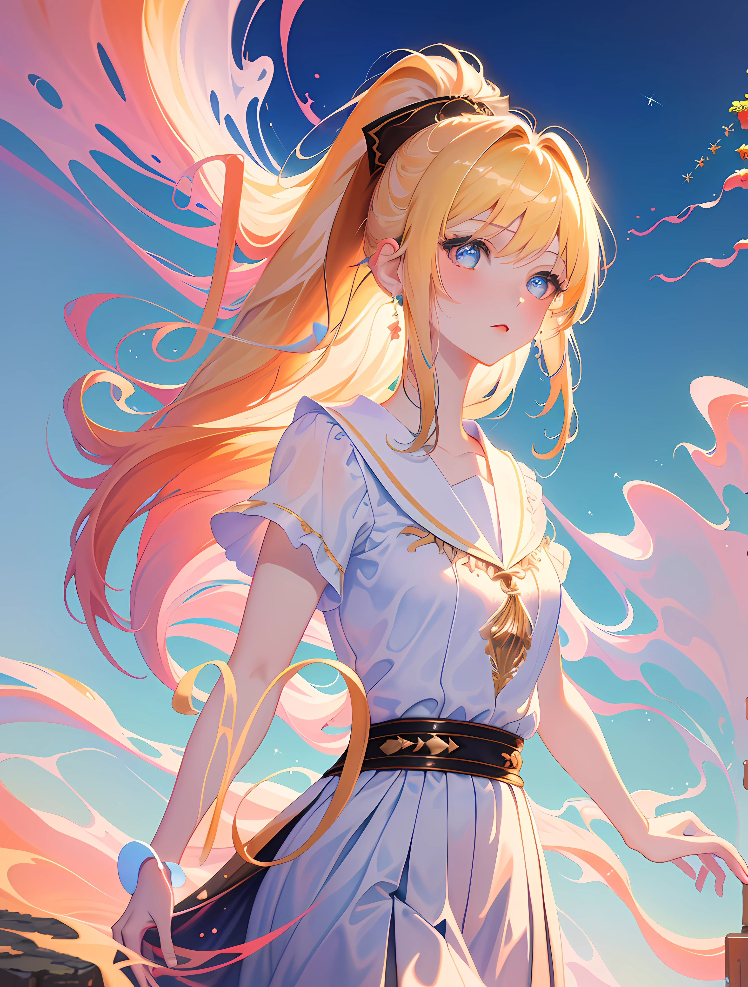 stunning delicate anime art, fantastical, (1girl:1.4), best quality, 4k resolution, ink flow, (fractal art:1.3), blonde hair, ponytail, dreamy, shimmer, fantasy, magic, dynamic lighting,