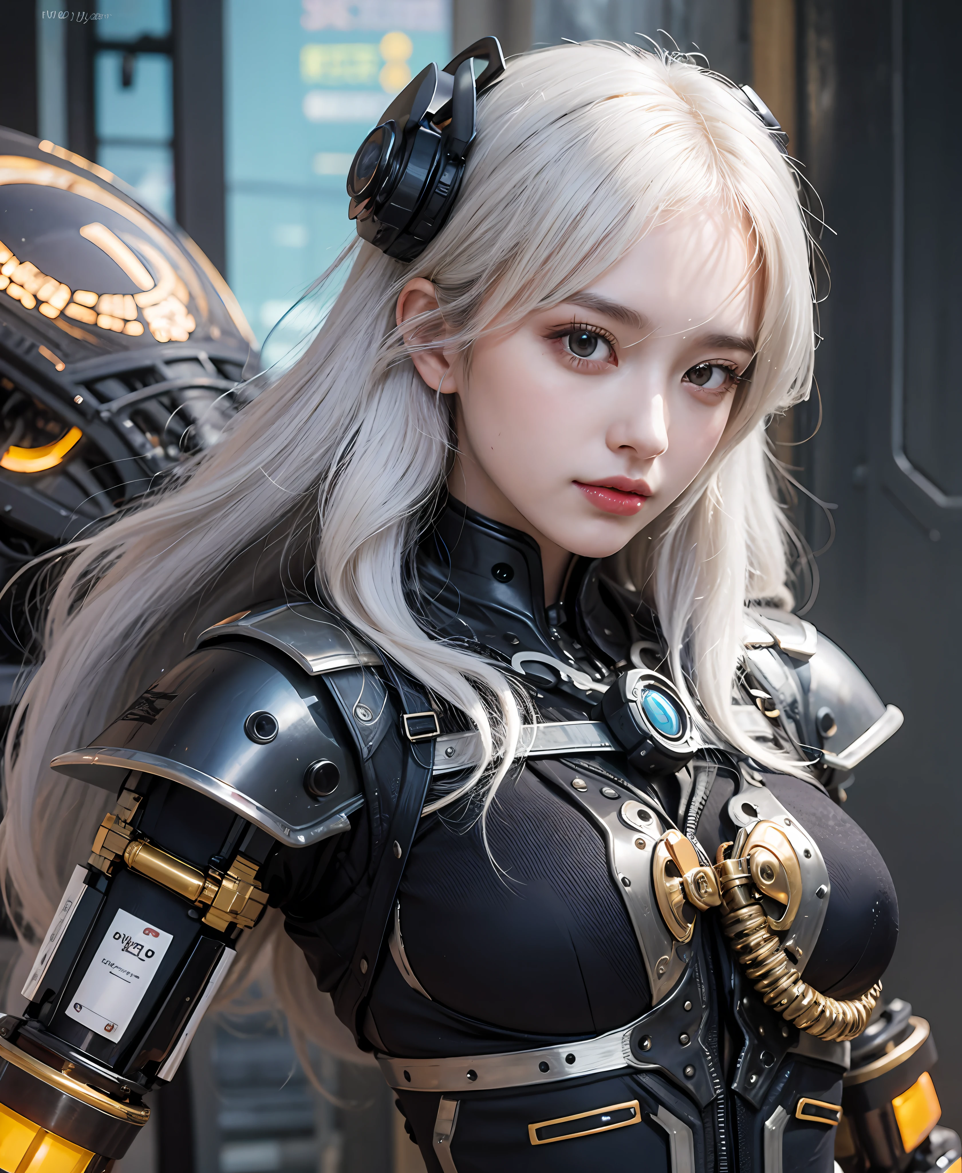 white  hair、long fluttering hair、strong breeze、Orange Eyes、radiant eyes、Steampunk Girl、Colossal tits、The face and chest are alive、Cleavage is visible。photoRealstic、portfolio、Gundam-style metal mecha suit、Combat cyborg、Steampunk details、metalic、detailed mechanical components、Bundle of thin tubes、Metal cylinder、Detailed neon、Fine LED、Fine parts