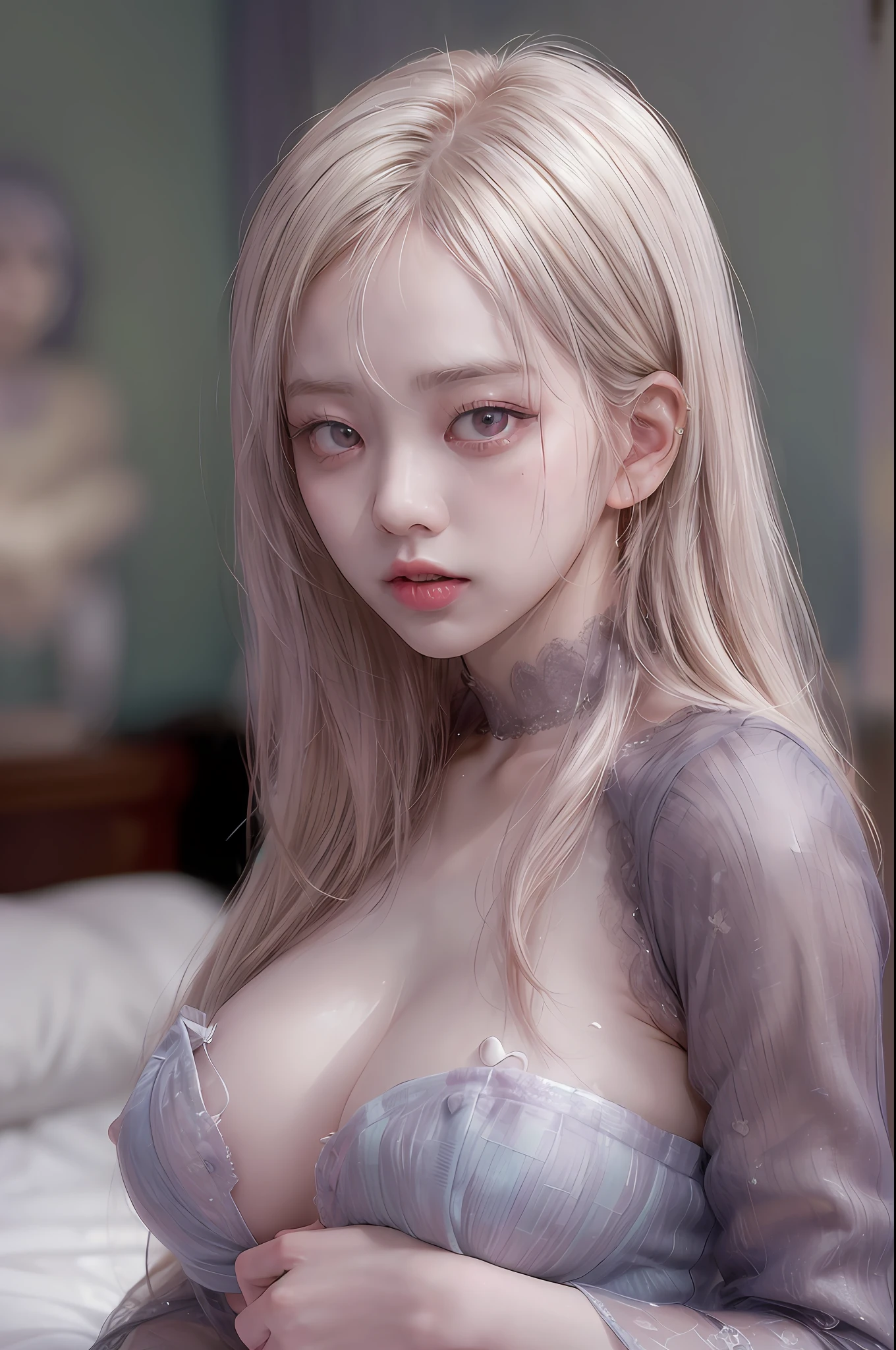 (best quality), (masterpiece), (highres), original, extremely detailed 8K wallpaper, (an extremely delicate), Best quality, masterpiece, (((disgusted and unhappy expression))), (((disgusted face, unhappy face))), angry Frown, ultra high res, (photorealistic:1.4), raw photo, photo of a asian young girl, she got white hair with pink eyes, She play with her own breasts, sweat, sweaty body, (sheer fabric:1.35),(loose:1.5),lace strapless dress, (((huge)saggy breasts)), (bare breasts), (white hair), (pink eyes), (((erect nipple))), ((areolas)), (Korean(kpop idol)), ((puffy eyes)), deep shadow, low key, cold light, deep contrast, depth of field, below angle, low angle, (looking at viewer, softly smiling), a photo of a inside a bed room, neoism,  ((upper body)), ((straight photo)), exposure blend, medium shot, bokeh, (hdr:1.4), high contrast, (cinematic, teal and orange:0.85), (muted colors, soothing tones:1.3), low saturation, (hyperdetailed:1.2), (nsfw:1.1),