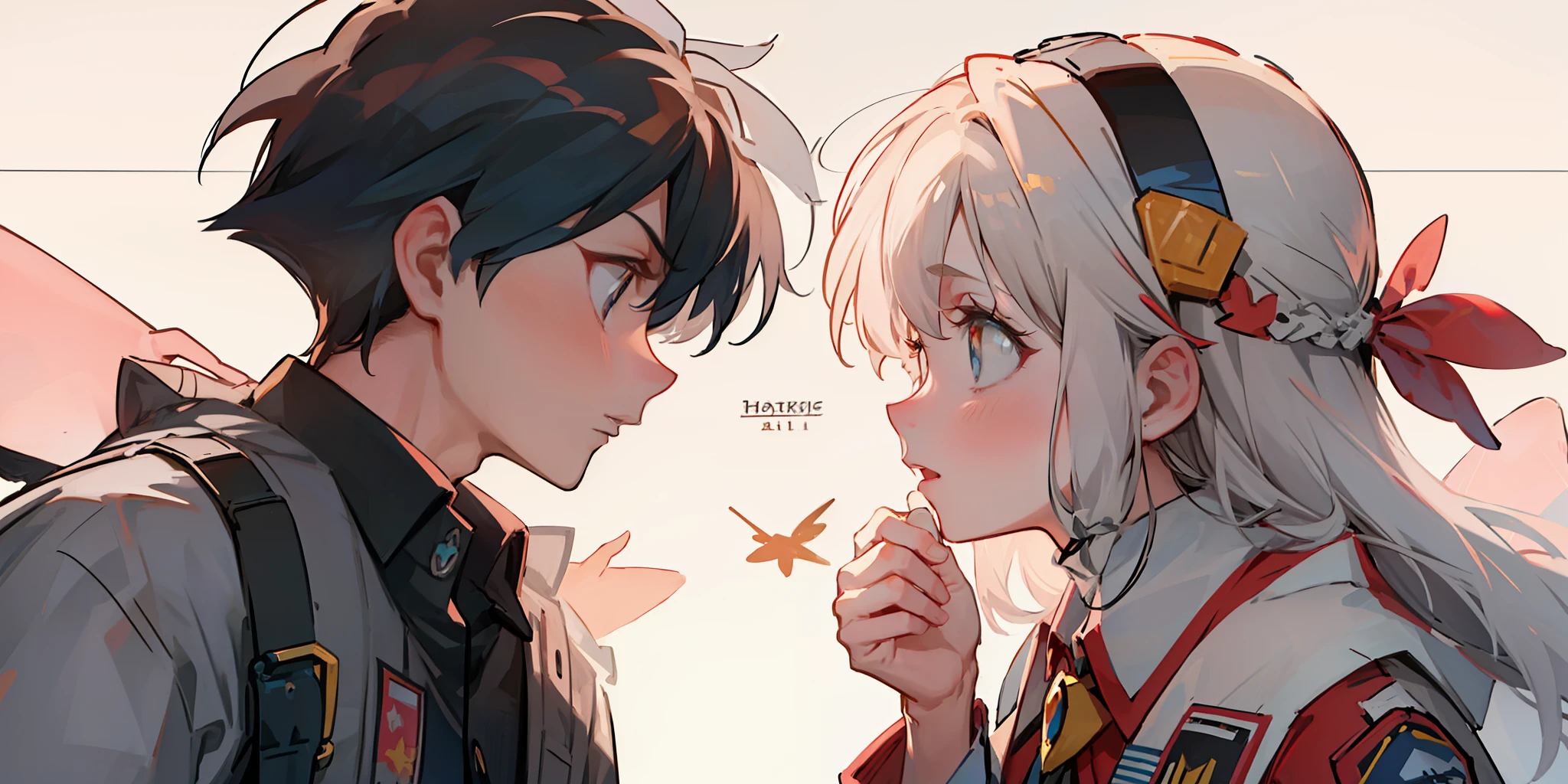intense eye contact, intimate, romantic atmosphere, girl with collared shirt and long white and light blue hair blue eyes, boy with short black hair, (girl: 1.2+ boys: 1.1) look at each other, intense emotions)