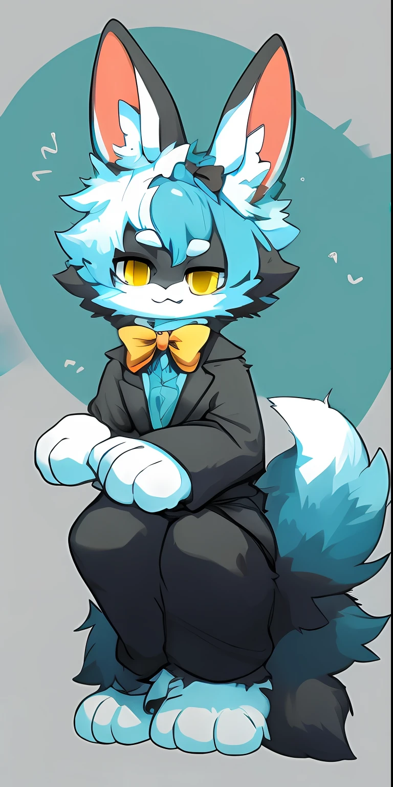 edgBunny,shaggy,With a bow tie,Gray,Yellow pattern,Blue-white hair,