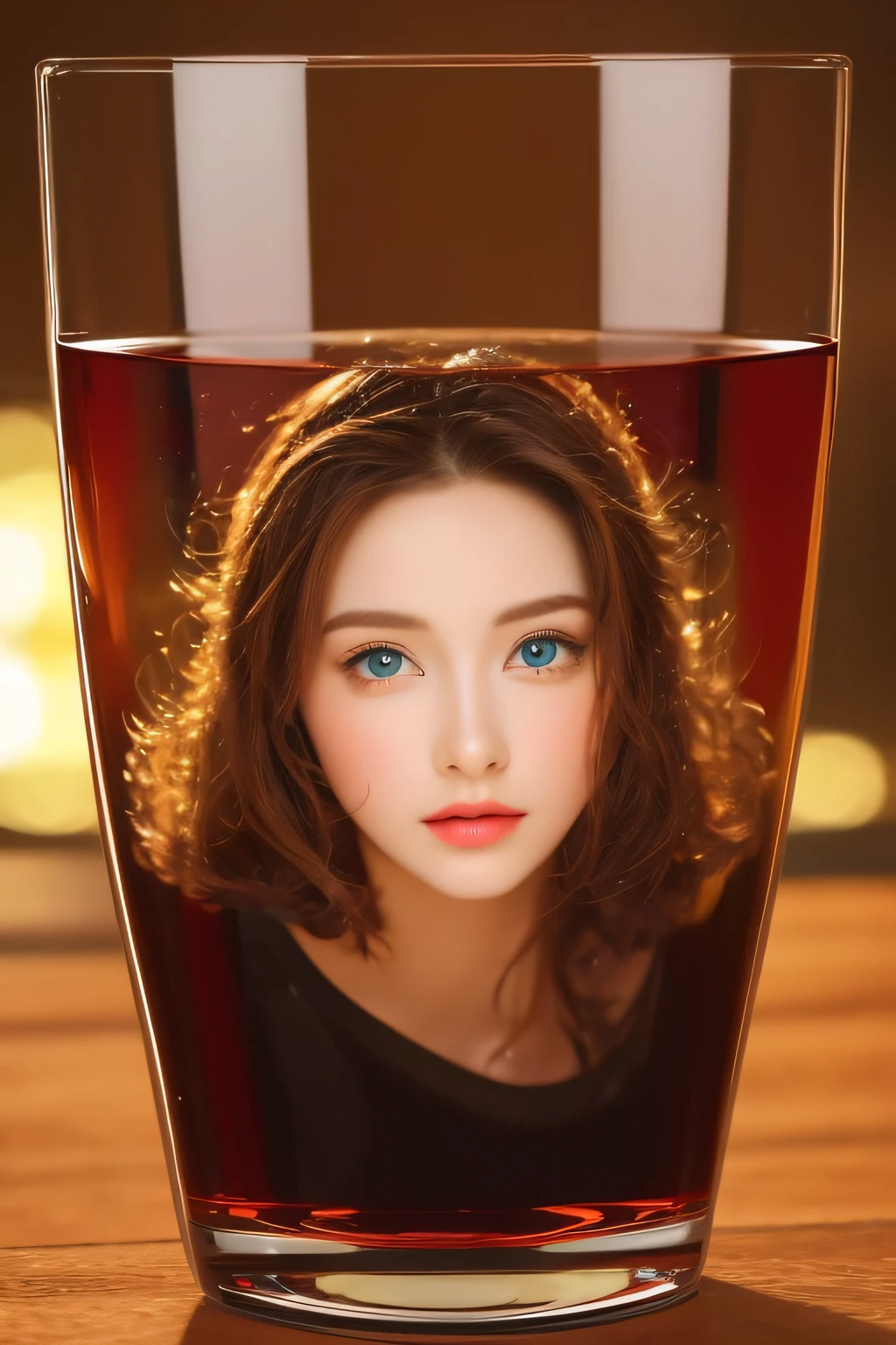 PHGLS,,wine glasses, in container, (masterpiece:1.6, Top image quality), (Exquisite beautiful eyes: 1.2), 1girl in, 独奏, sitting on, A dark-haired,