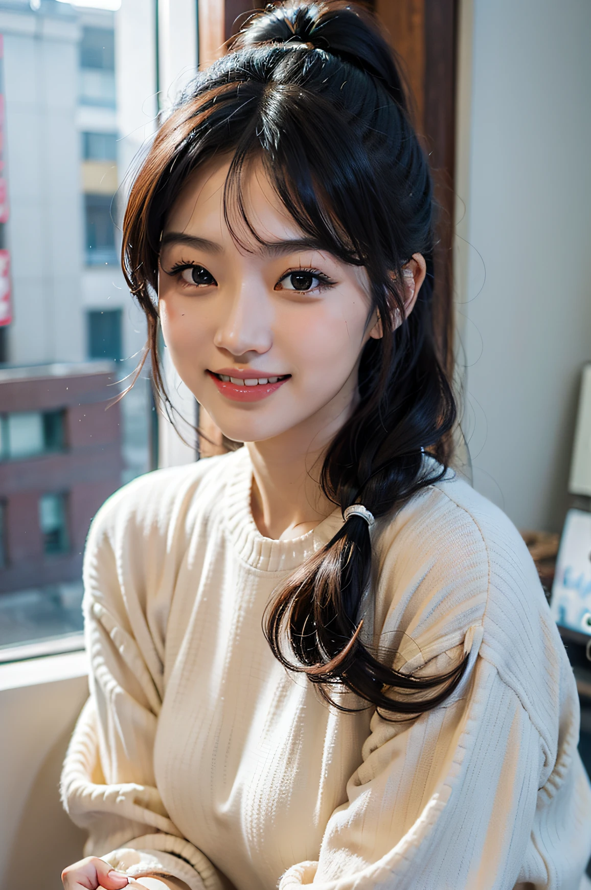 Beautiful Korean Woman, beautiful girl model, realisitic, extremely beautiful face, beautiful model girl, asian girl with long hair, A natural smile, ponytail hair, light grin smile, White shirt, Black skirt