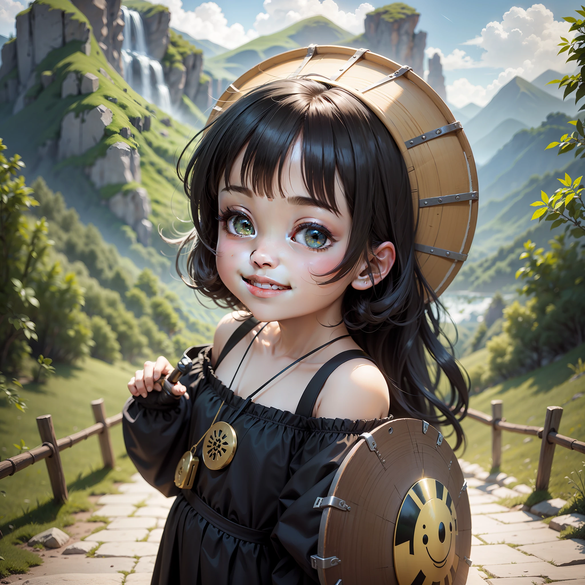 in black,with a round face,full bodyesbian,Height 1.5 m,The mouth is a small half the size of the face,Ball head,largeeyes,grinning smile,She holds a golden flat drum in her left hand,She holds a green bamboo cane in her right hand,Stride forward,rays of sunshine,mountain path,green mountains
