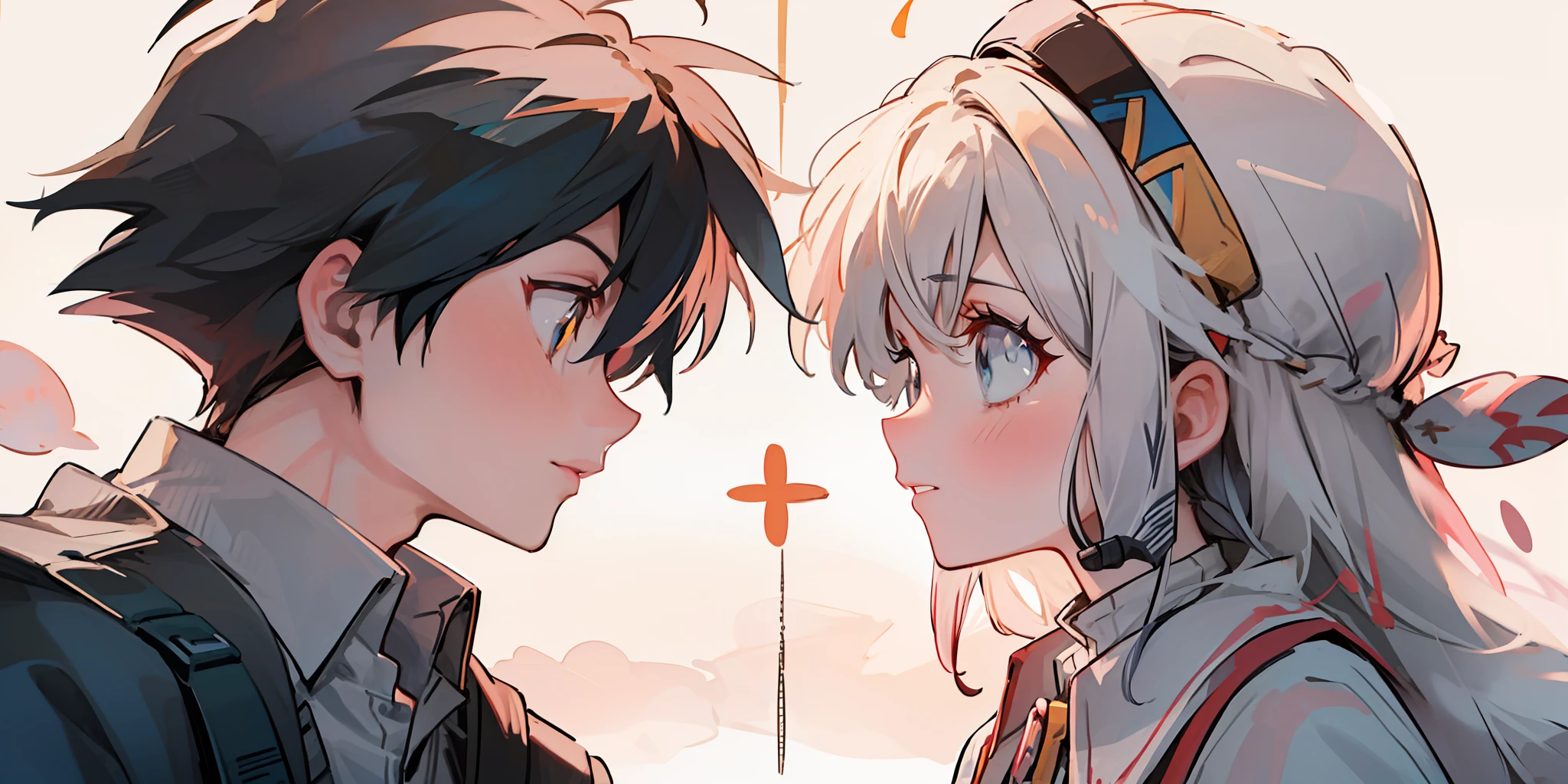 intense eye contact, intimate, romantic atmosphere, girl with collared shirt and long white and light blue hair blue eyes, boy with short black hair, (girl: 1.2+ boys: 1.1) look at each other, intense emotions)