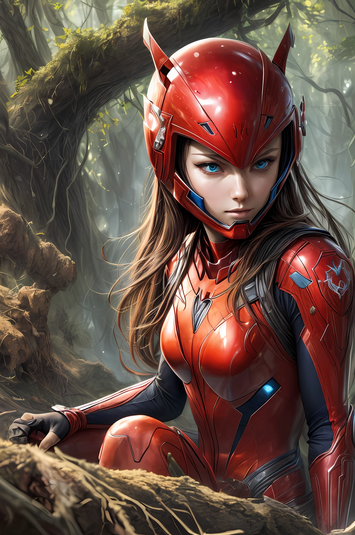 (((Masterpiece))), (((Best Quality))), ((Ultra-detailed)), (illustartion), (detailed light), ((extreamly delicate and beautiful)), (beautiful detail eyes), (Sunlight), (Dense clots), (( Red Cybersuit))