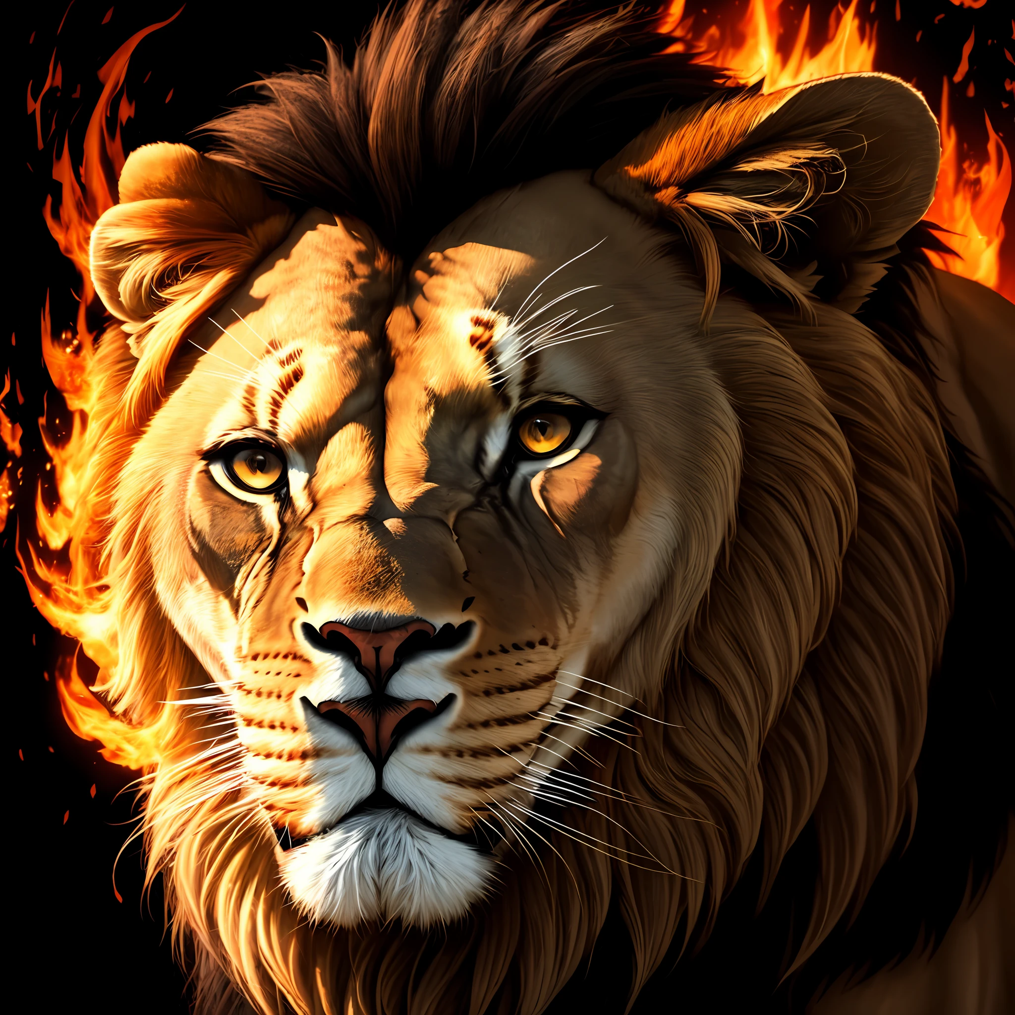 A lion's head as realistic as possible and, With the black background the lion has to have red eyes, and a red flame behind his head. E prefiro o formato de desenho. --auto