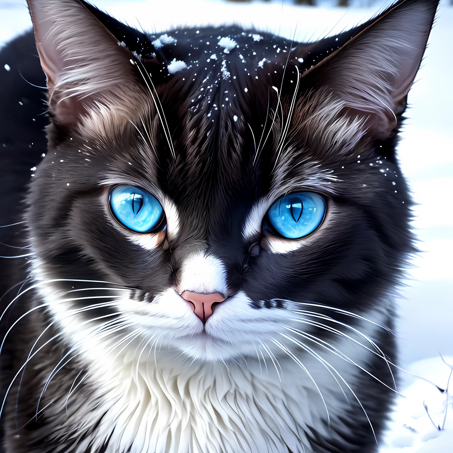 An adult cat with black and blue eyes in the snow,Eyes on you --auto