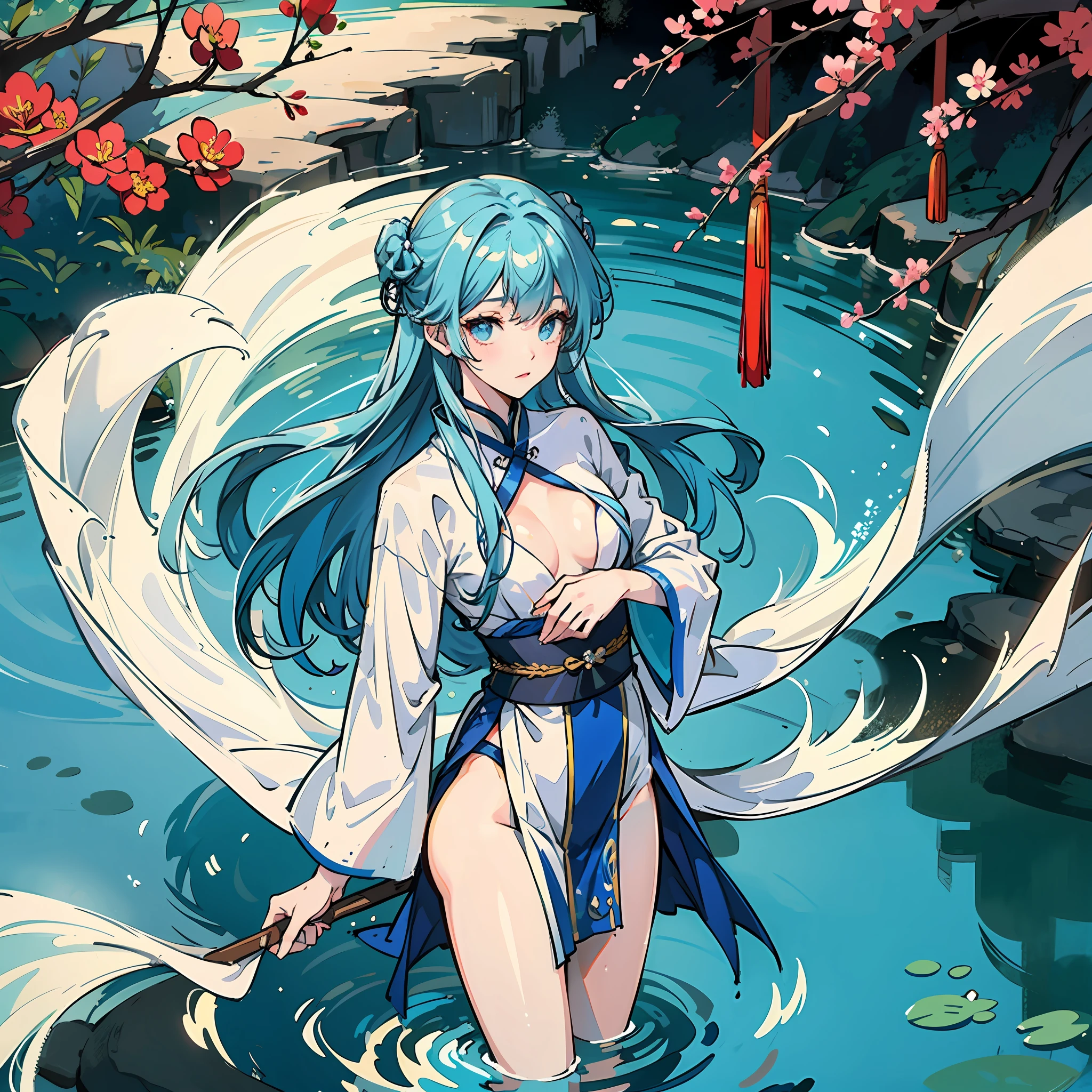 blue hairs,schoolgirls,The clothes fit snugly to the body,pools of water,Floating on the water,Only the chest and above are exposed,white clothes,Need,tmasterpiece,One guy,Ancient Chinese folding fan,Japanese style --auto