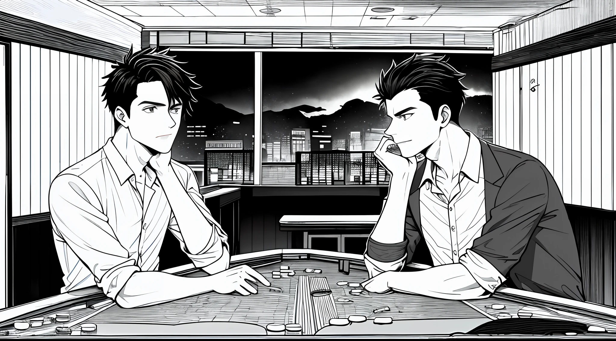 Two young men gamble,Dilapidated tavern,Gaming tables,Self-confidence and arrogance,Frustration is uncomfortable