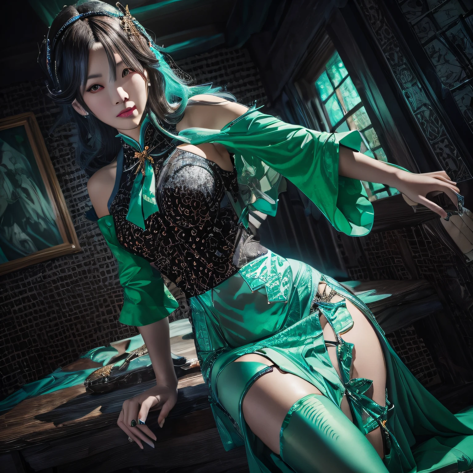 There is a woman in a cyan dress posing for a photo, By Leng Mei, full-body xianxia, by Yang J, Anime girl cosplay, Ruan Jia and Artgerm, inspired by Leng Mei, elegant glamourous cosplay, professional cosplay, author:Shitao, cosplay, cosplay foto, Ross Tran 8 K, Yun Ling, glamourous cosplay