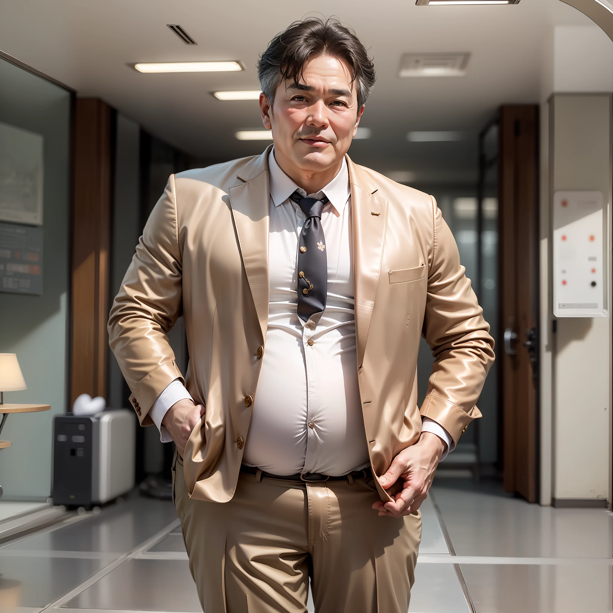 Positive：
(High picture quality, Natural soft light, Warm atmosphere),(A middle-aged uncle with a humorous and easy-going personality),(A decent suit, Delicate leather shoes),(Rounded face, Elastic skin),(Nice big back)，（Big round belly），（A big heart）