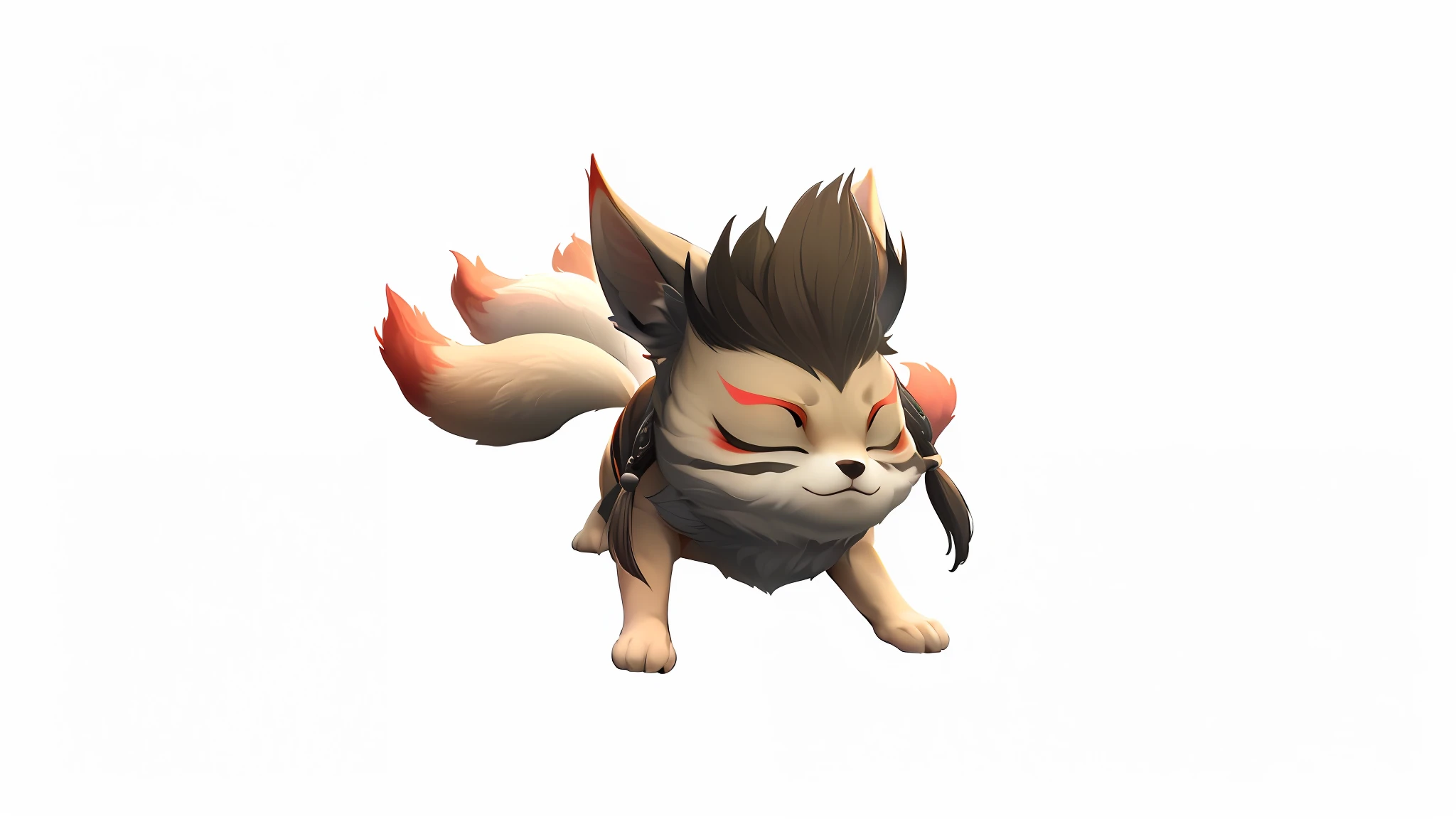 Close up of fox on white background, three - tailed fox, fox nobushi, kitsune three - tailed fox, Kitsune, stylised fox - like appearance, drak, hypdertailed, fluffy orange skin, onmyoji, fox demon,  Vampire White Fox