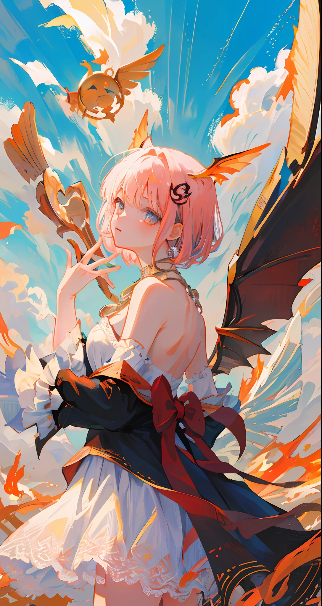 (Highest image quality),(Original work),(ultra-detailed),center-aligned portrait,(1girl),(1 boy),(from side:1.1),(opposite) with viewer:1.3), outdoors, bare back, close-up, bare shoulders, (baroque background), necklaces, clouds, (angel wings), (ragged clothes), (lace) ), crazy, crazy, magic circle, hands, white dress, nimbus, (angels and demons), blood, fire