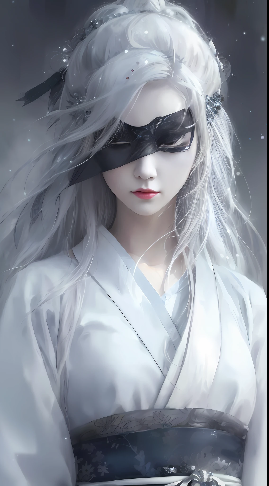a close up of a woman with a mask on her face, white haired deity, the piercing stare of yuki onna, stunning anime face portrait, girl with white eyes, artwork in the style of guweiz, girl with white hair, white haired, anime style 4 k, anime fantasy illustration, beautiful character painting, flowing white hair, beautiful anime portrait, by Yang J