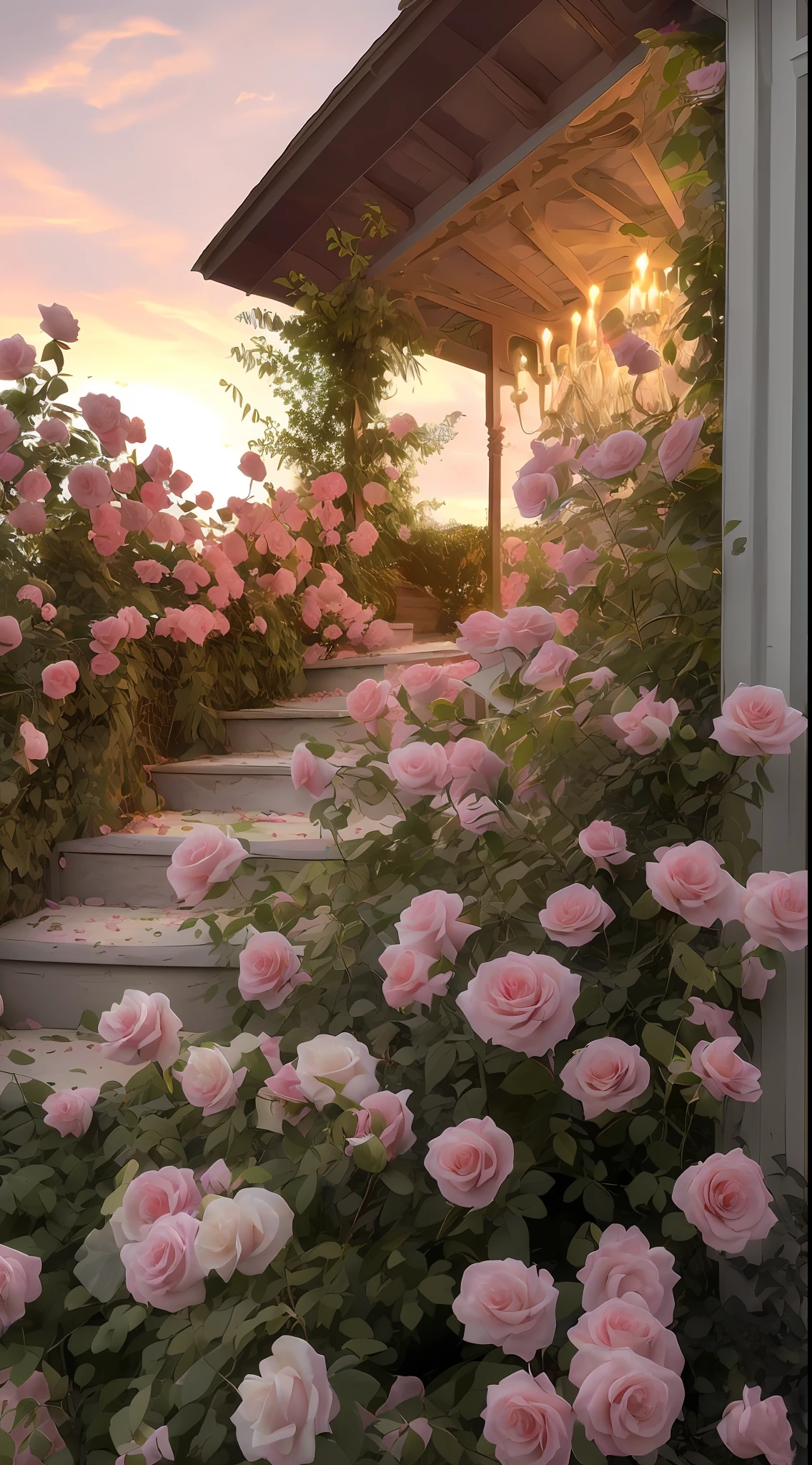 A bush of pink roses outside the house, beautiful and aesthetic, soft pink, beautiful aesthetic, roses in movie lights, lush flowers outdoors, nature and floral aesthetics, rose garden, roses, portal made of roses, beautiful images, roses, fantastic aesthetics, in a cottage core garden, pink golden hour, (masterpiece:1.6, best quality), (fine detailed beautiful eyes: 1.2), (extremely detailed CG unity 8k wallpaper, masterpiece , super detailed, best shadows), (detailed background), high contrast, (best lighting, extremely delicate and beautiful), ((color paint splatter on transparent background, Dulux,)), ((caustics) ), dynamic angles, beautiful detail glow,