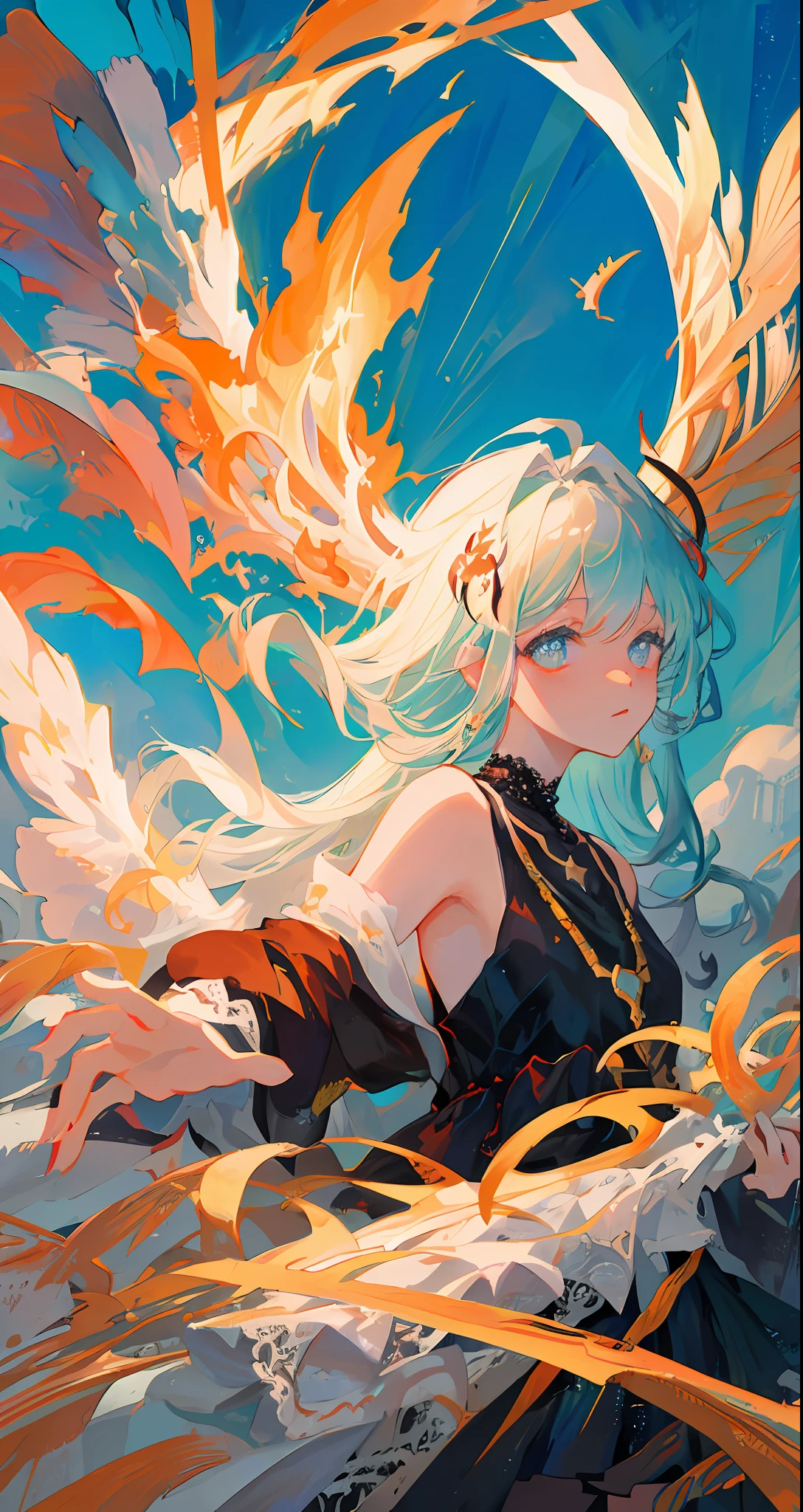 (Highest image quality),(Original work),(ultra-detailed),center-aligned portrait,(1girl),(1 boy),(from side:1.1),(opposite) with viewer:1.3), outdoors, bare back, close-up, bare shoulders, (baroque background), necklaces, clouds, (angel wings), (ragged clothes), (lace) ), crazy, crazy, magic circle, hands, white dress, nimbus, (angels and demons), blood, fire