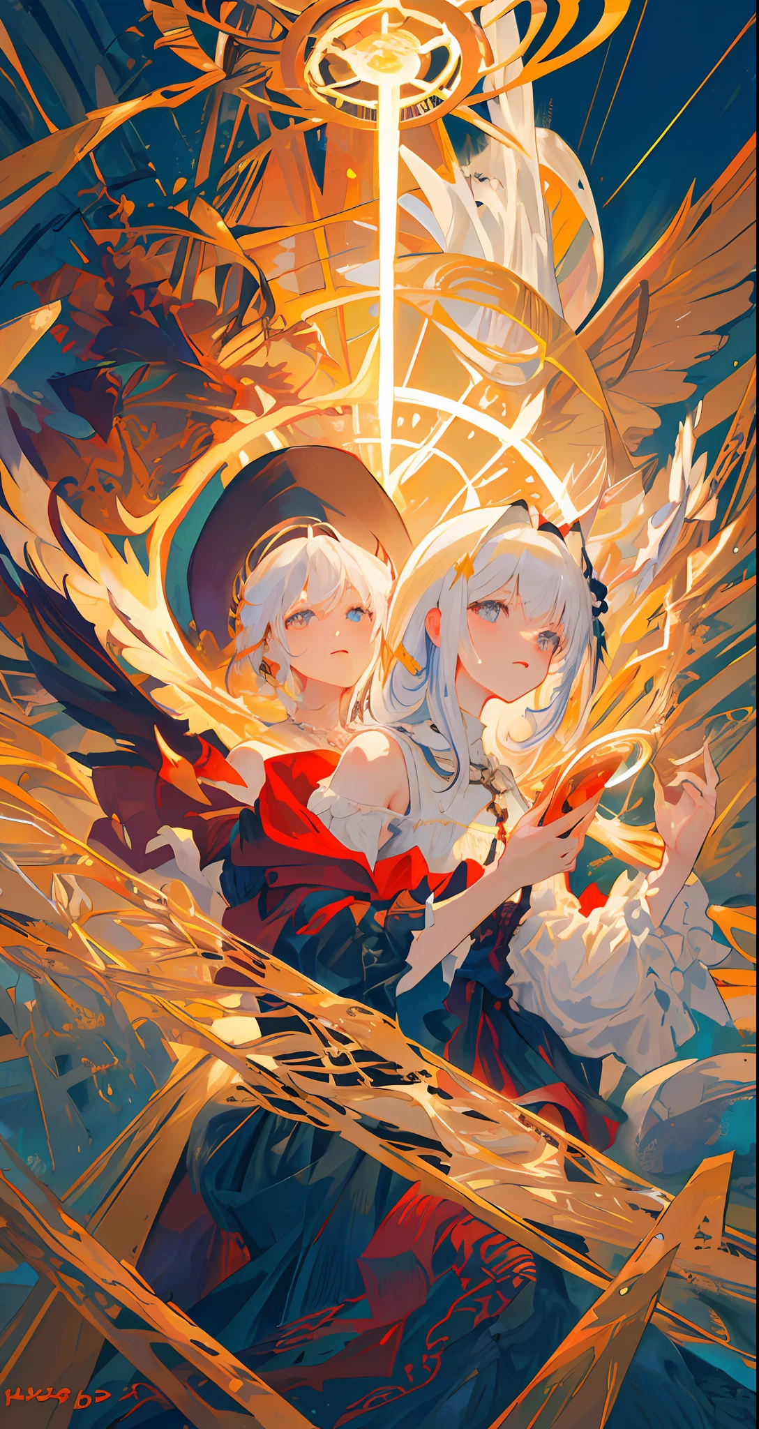 (Highest image quality),(Original work),(ultra-detailed),center-aligned portrait,(1girl),(1 boy),(from side:1.1),(opposite) with viewer:1.3), outdoors, bare back, close-up, bare shoulders, (baroque background), necklaces, clouds, (angel wings), (ragged clothes), (lace) ), crazy, crazy, magic circle, hands, white dress, nimbus, (angels and demons), blood, fire