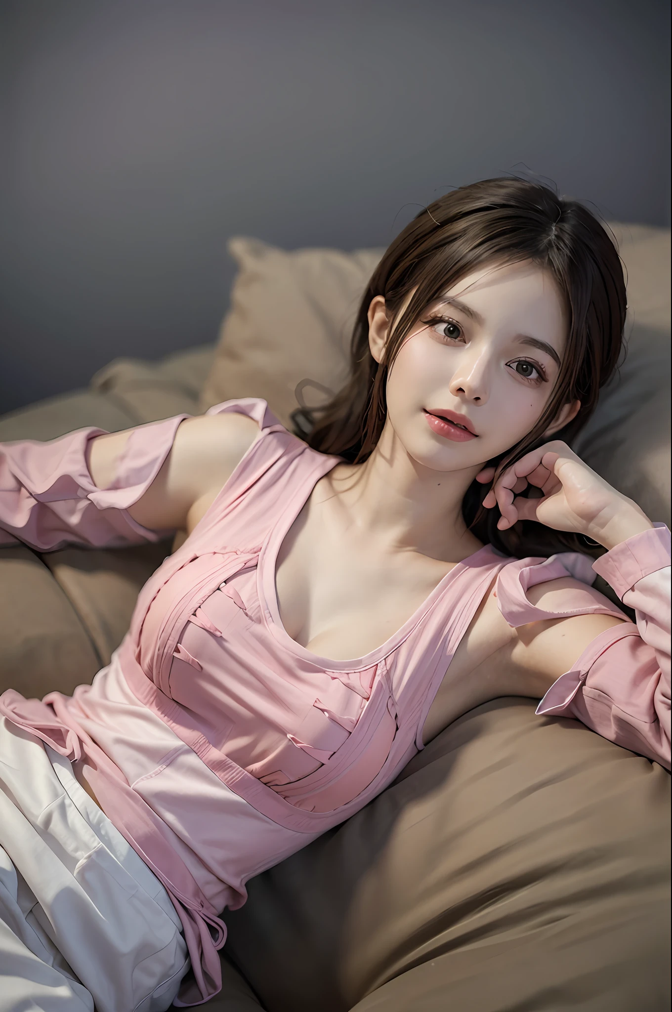 (Masterpiece:1.3), (8K, Photorealistic, RAW photo, Best quality: 1.4), A sleeping girl,She wears long-sleeved pajamas,Pajamas are pink,The body is slender
