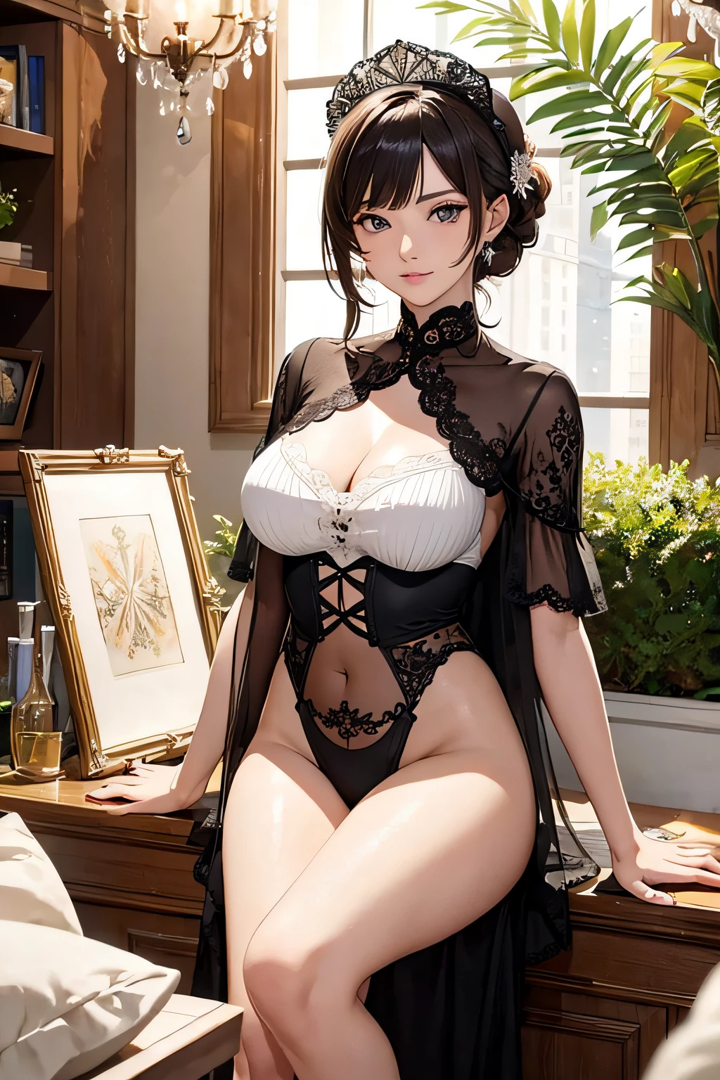 (photorealestic:1.8),1girll,独奏,(Star Palace Lake:1.1),sitted,on top of the bed,Bedrooms,(:1.4),big breasts thin waist,Belt corset