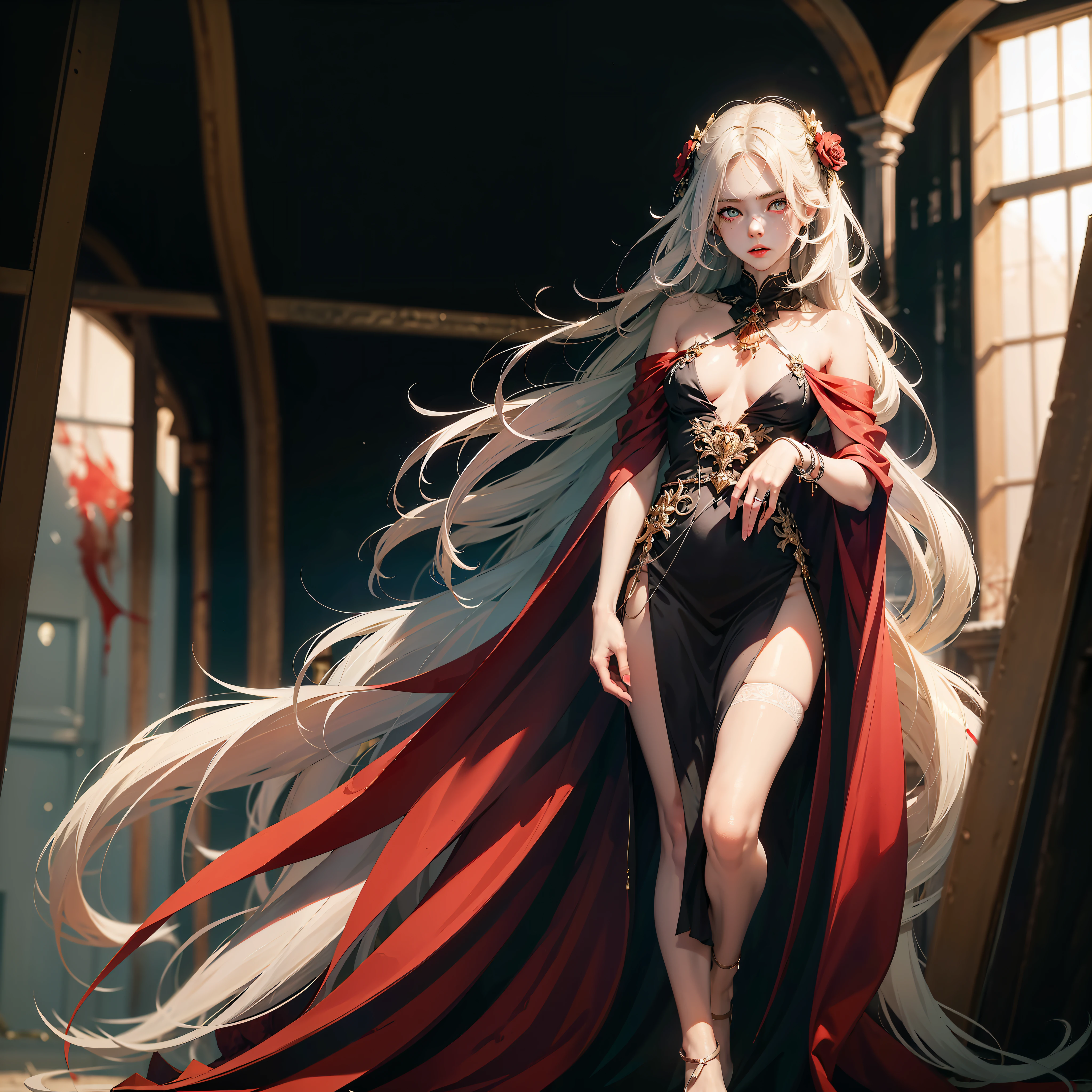 ((masterpiece, best quality)), beautiful and delicate eyes, delicate face, 1girl, long white hair, red eyes, small breasts, looking at the audience, blood on the face, (black background: 1.2), bloody particles, full body,