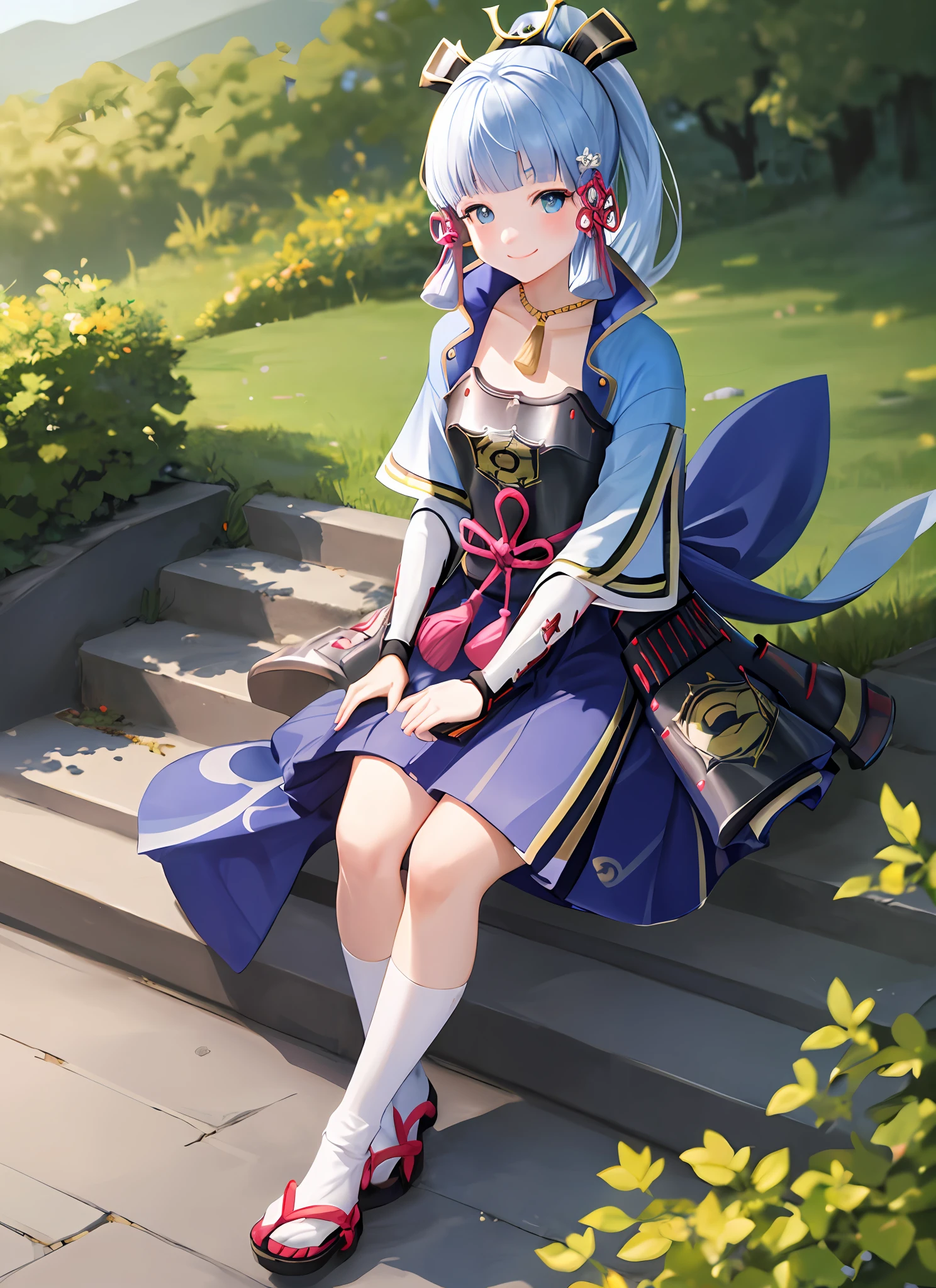 kamisatoayakadef, full body, sitting, smile, blush, outdoors, day, simple background, blue sky, short hair, sky, temple, looking at viewer, sitting on stairs, mountain, moody lighting,