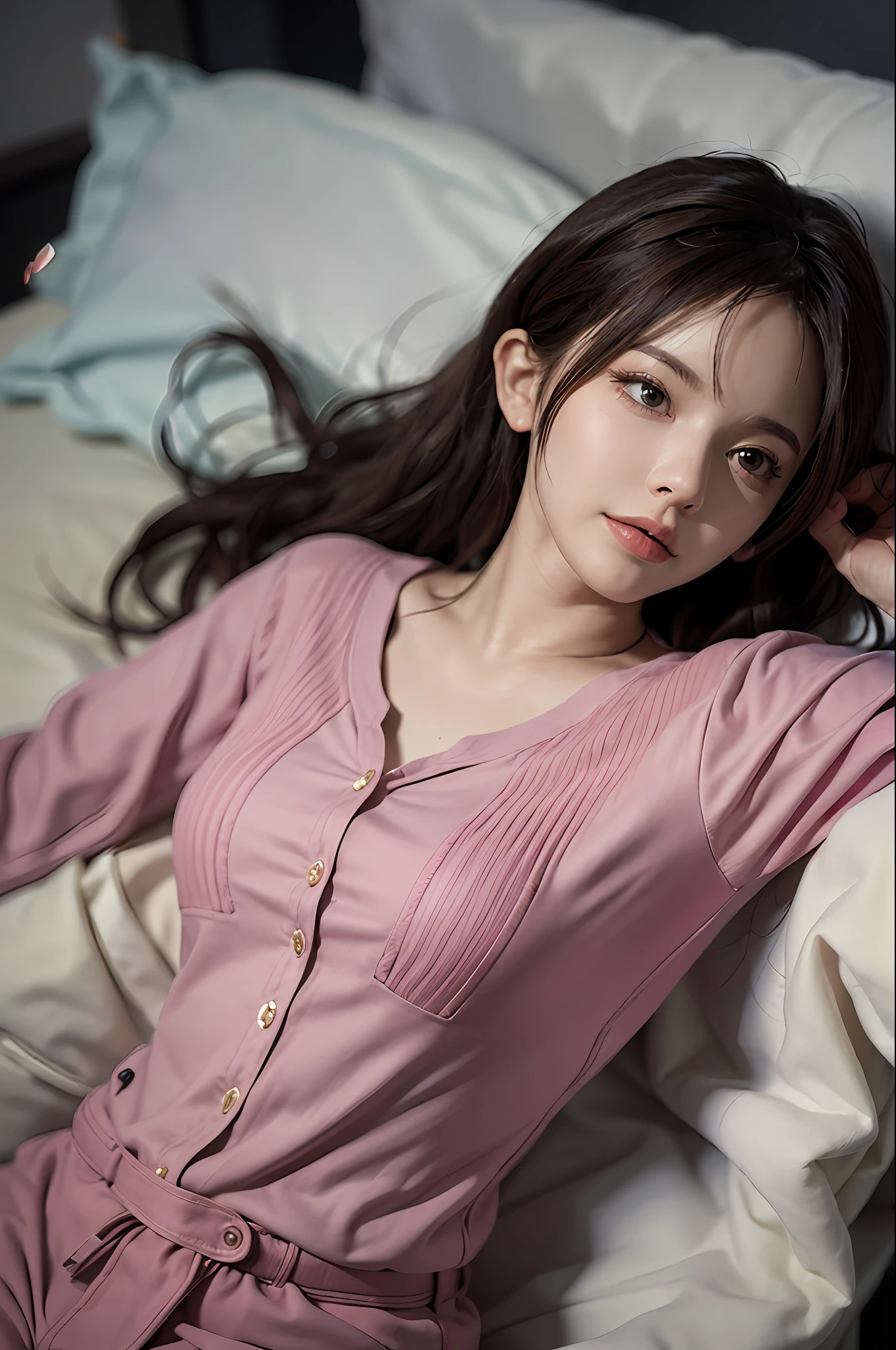 (Masterpiece:1.3), (8K, Photorealistic, RAW photo, Best quality: 1.4), A sleeping girl,She wears long-sleeved pajamas,Pajamas are pink,The body is slender