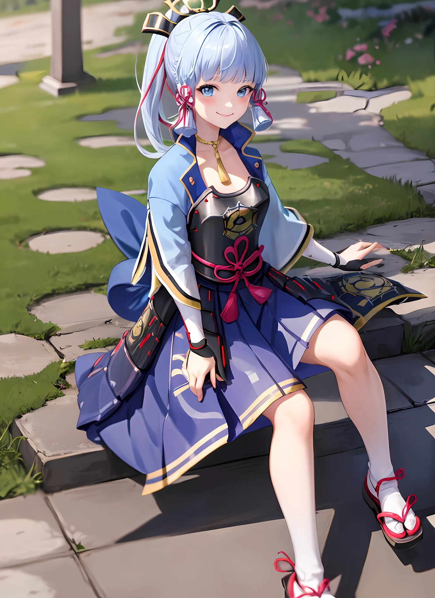 kamisatoayakadef, full body, sitting, smile, blush, outdoors, day, simple background, blue sky, short hair, sky, temple, looking at viewer, sitting on stairs, mountain, moody lighting,