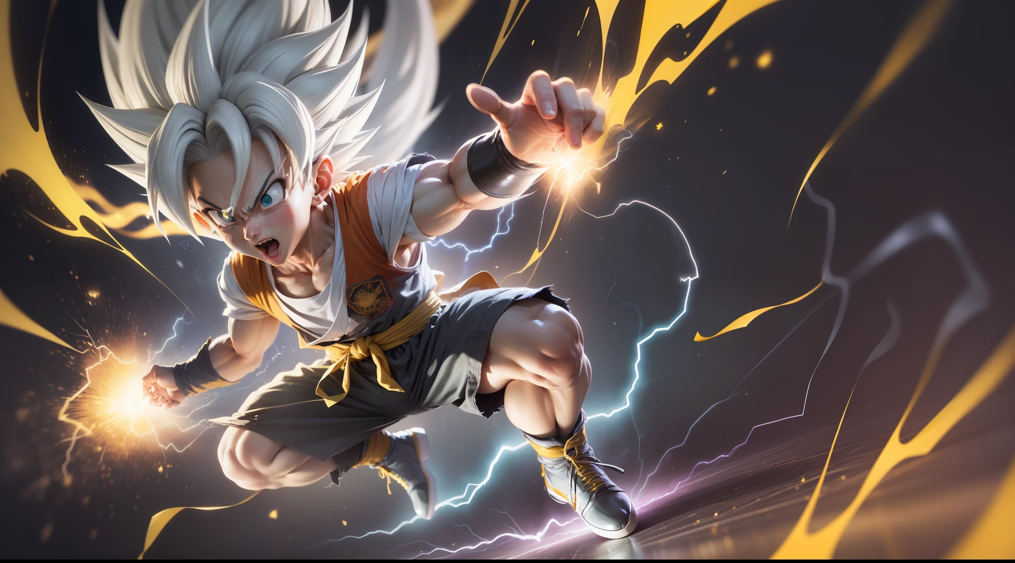 Masterpiece), (Extreme Quality), (Ultra Detailed), (delicate face), (detailed eyes), Full Body, 1 boy, (9 year old goku in super saiyan with white hair from Akira Toriyama's Dragon Ball manga: 1.7), solo, Chibi, Cute, perfect hands, (glowing metal objects hovering in the air and surrounding him:1.2),(Electric arcs and sparks:1.2),(flow of energy:1.2),(translucent magnetic lines:1.2),(golden silver grey and shimmering light effects:1.2), Kamehameha skill