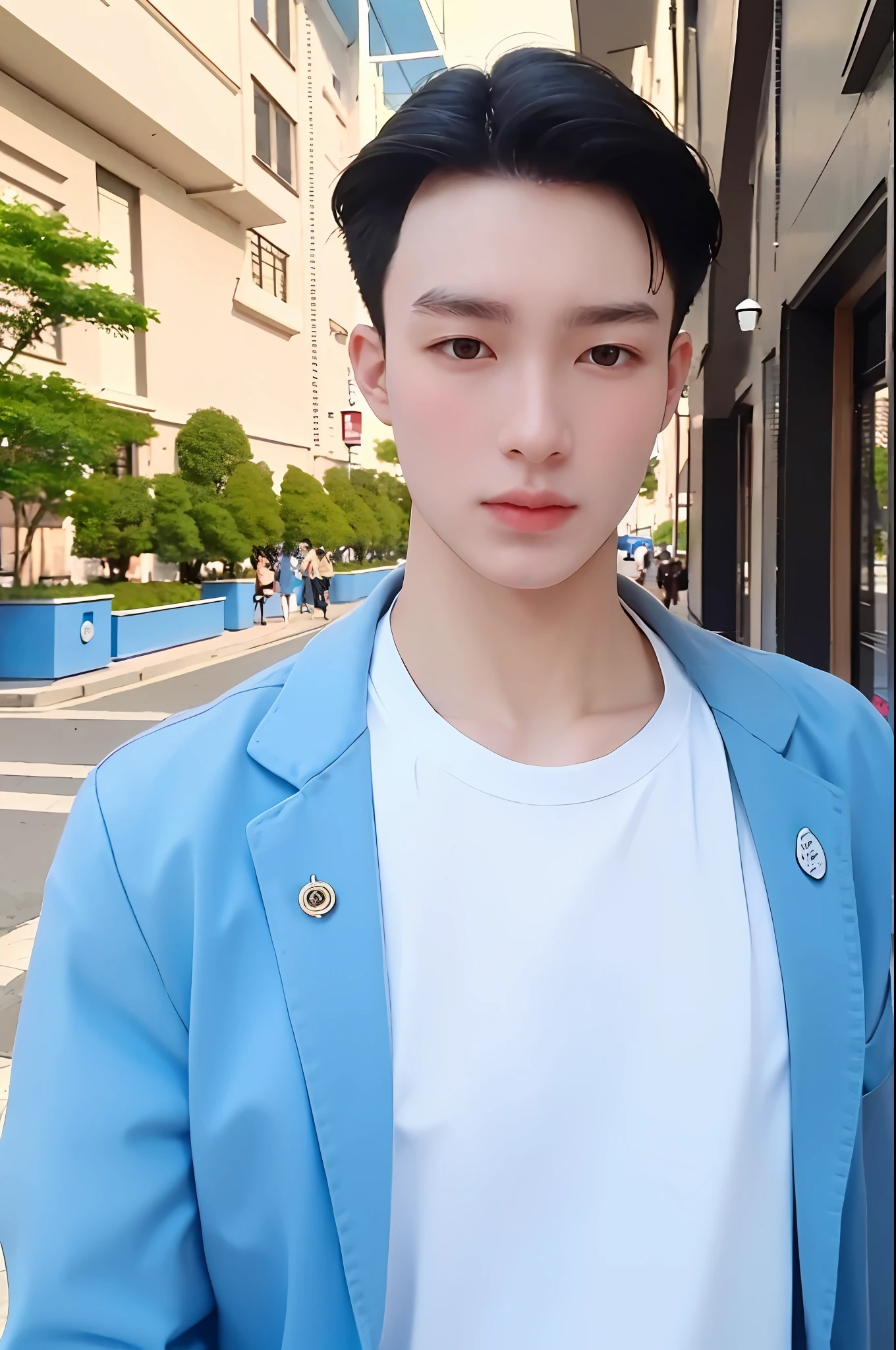 1 guy 23 years old, wearing a light blue shirt with a white shirt underneath, boy standing by the lake, fountain, side parted hairstyle swept back, upper body, portrait photo, deep of field, f/0.5, 120mm,manly, handsome, detailed skin description, realistic, natural pose, grassland, detailed face description, detailed shirt texture