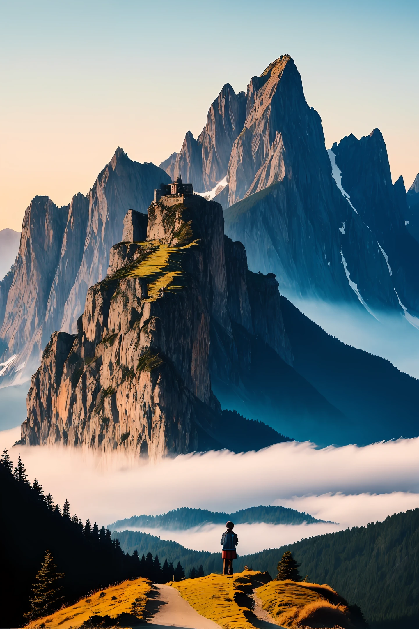 A majestic mountain that leads to the sky，A cloth-clothed boy stood at the foot of a mountain，There are great emperor immortals at the top of the mountain
