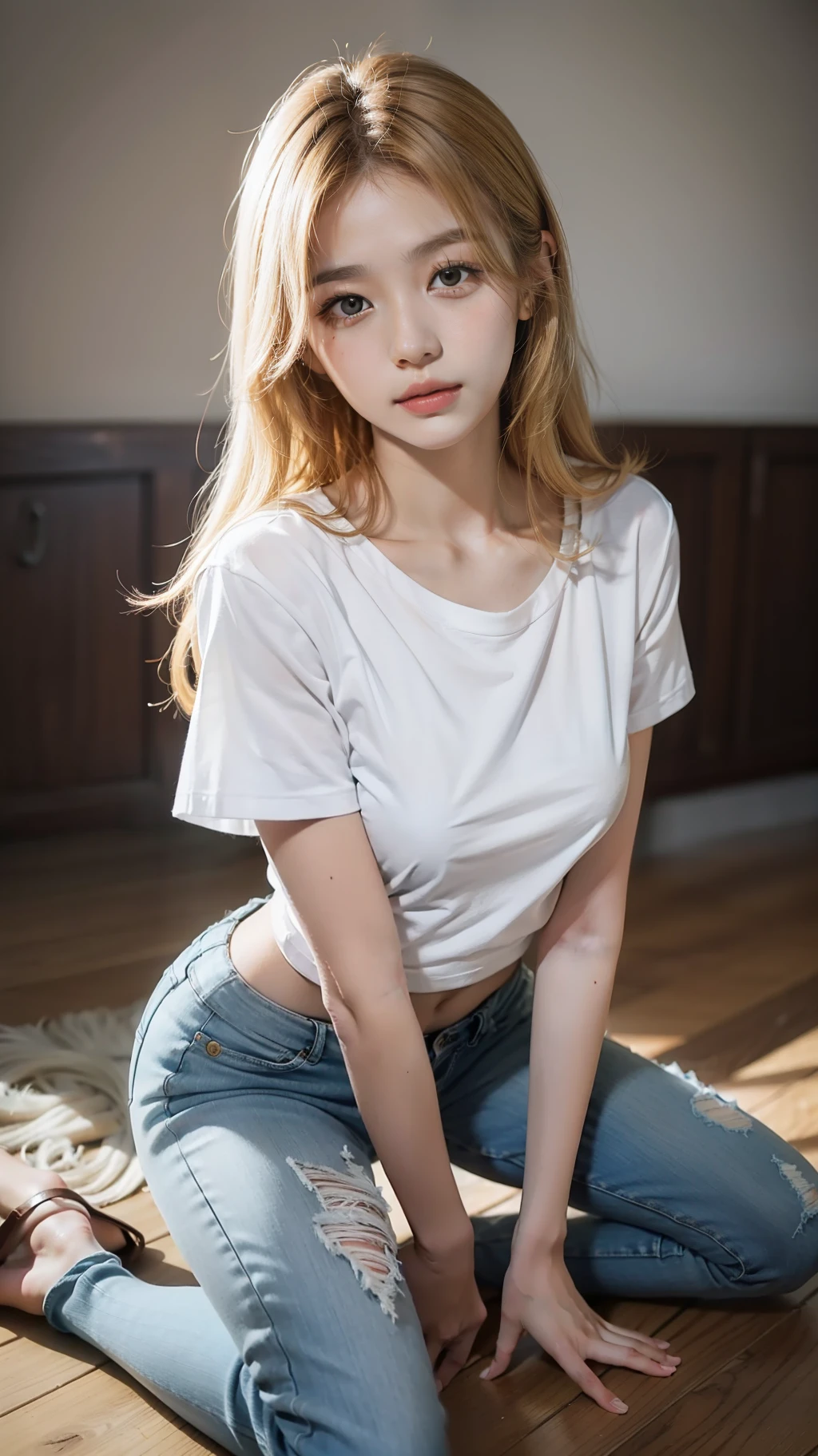 realistic photos of (1 cute Korean star) blonde medium hair, thin makeup, medium breasts size, slightly smile, wearing t-shirt and white jeans, kneel down on the floor, style RAW, from outside, foreshortening, dithering, UHD, best quality, 16k