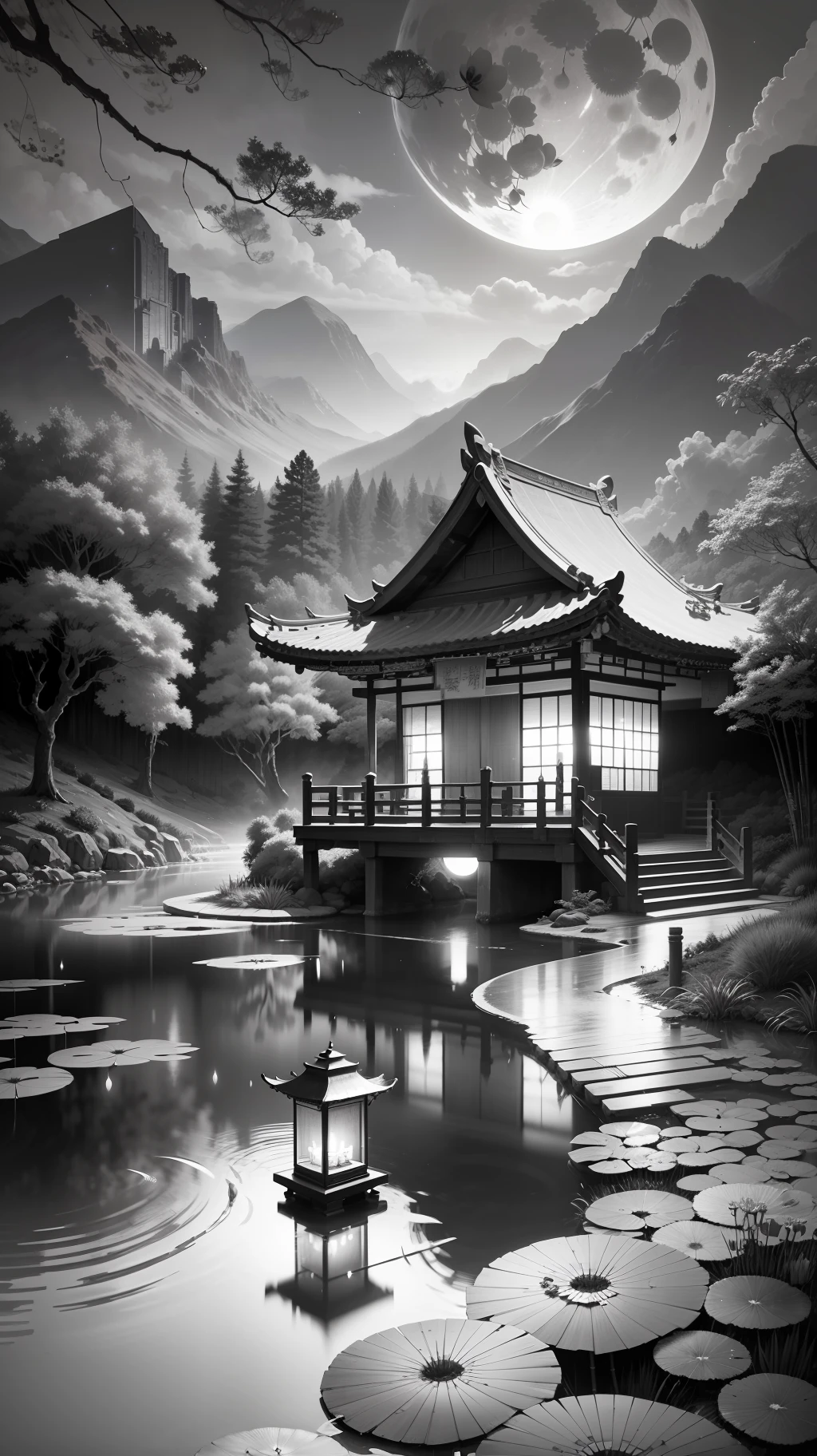 masterpiece,best quality,Chinese martial arts style,an asian night scene with lanterns and water lilies,asian pond with many lanterns and boatsa night scene with many lights and boats in the water, Lake surface, lotus flowers,beautiful night scene,(((Chinese martial arts style))), with vast sky, continuous mountains and steep cliffs, ink wash style, outline light, atmospheric atmosphere, depth of field, mist rising, bamboo, pine trees, octagonal stone pavilion, waterfall flowing water,big full moon,(No color) , Monochrome, light color,