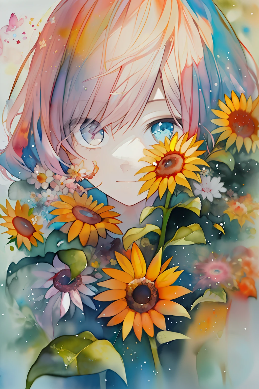 (aquarelle:1.2),1girll, Solo, flower, sunflower,freckle, Portrait, leafs, bangs, pink flower, (Light gold long) Hair, ((Delicate blue lens eyes)), hair between eye,