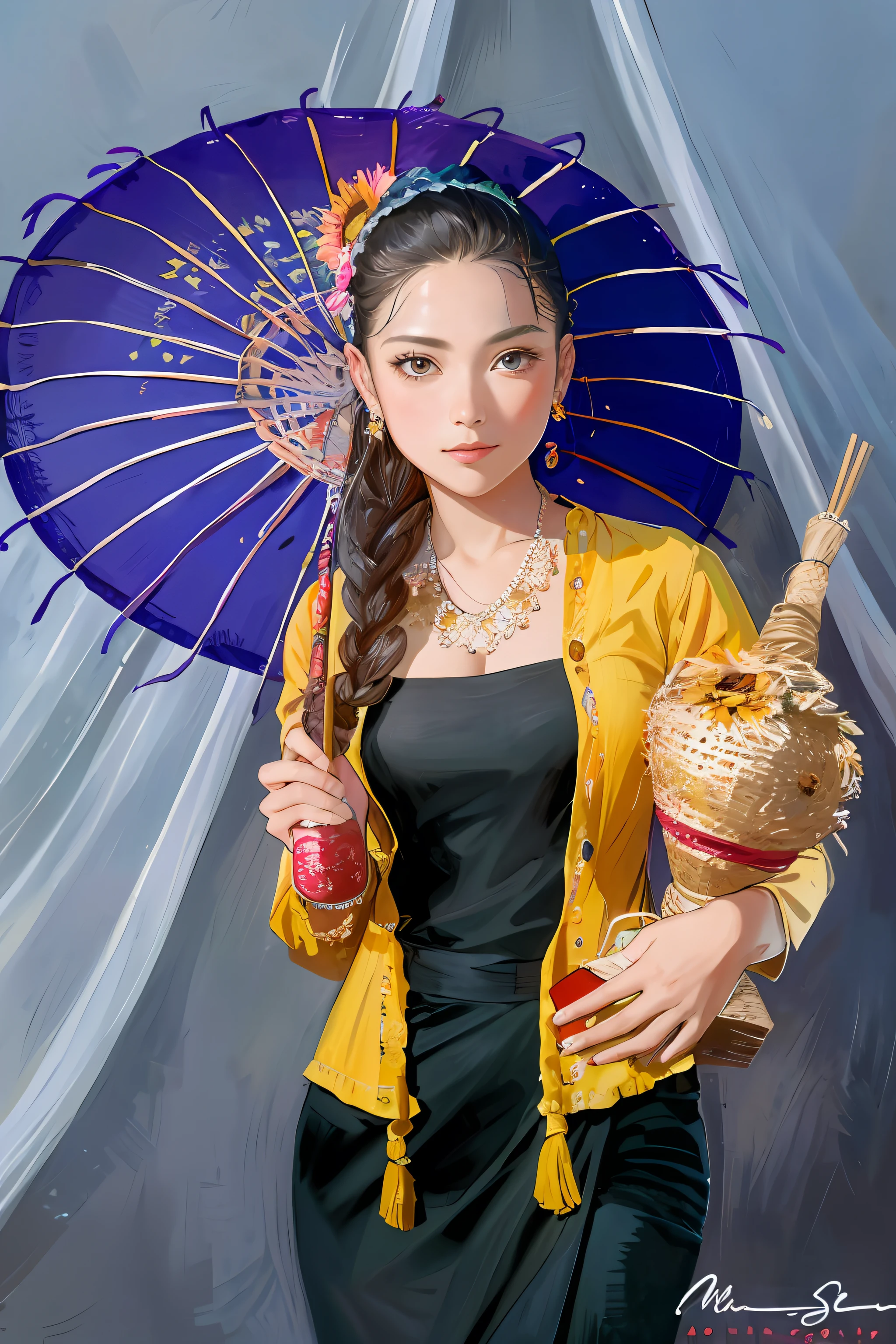 (4K quality, a masterpiece) A girl. He wears a sunflower straw hat and braids on his head. The background is a large field of sunflowers, rendered in oil painting style, with black hair in ultra high definition.