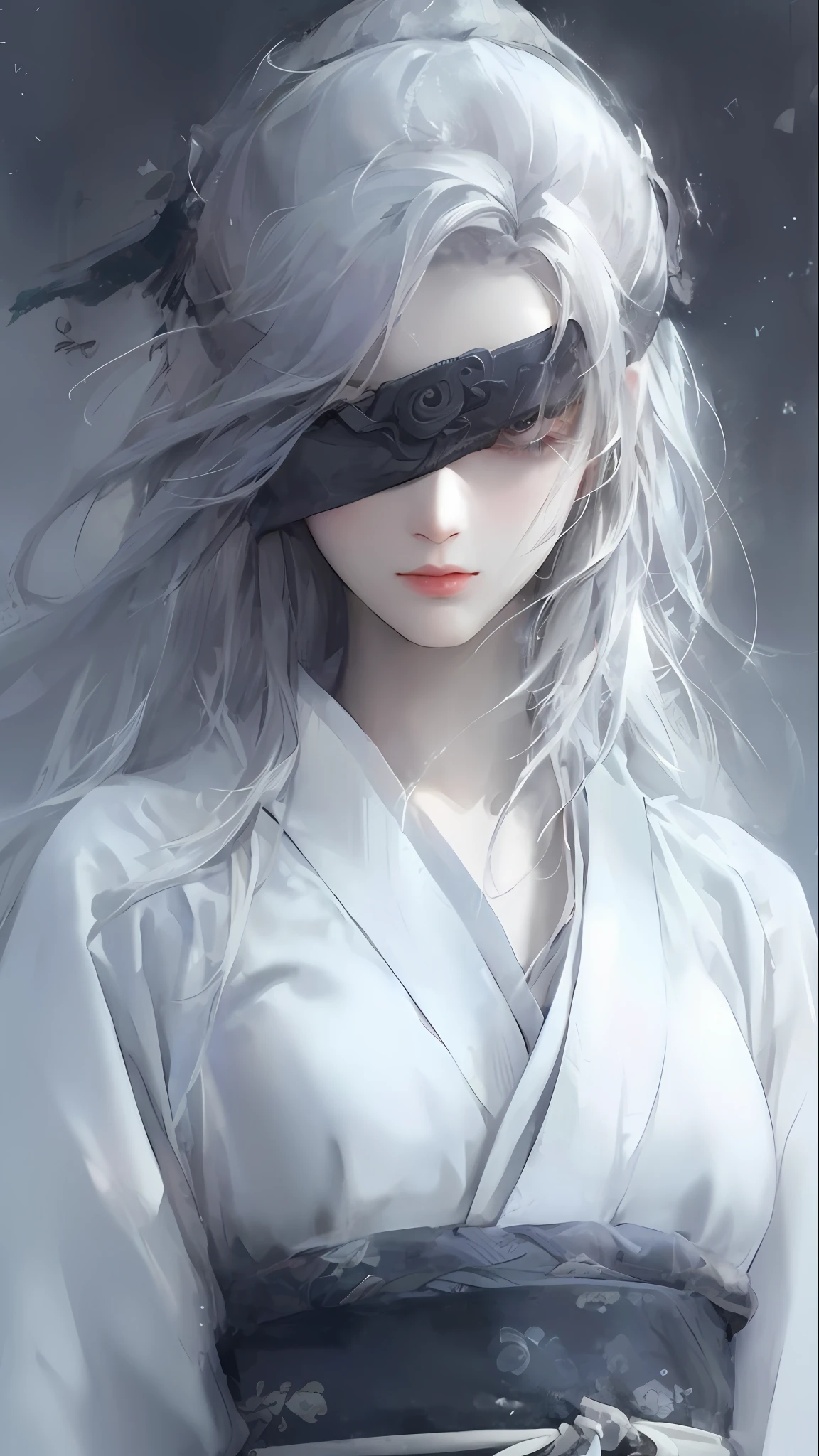 (white-haired god+Guvez style art+Beautiful figure painting:1.5+Yang J+FAN Qi+Wu Zhun Shifan:1.2),Excellent image quality,HD close-up,White mask and white hair that stand out,mistic、dignified、ellegance,Mysterious and exquisite details,with black background,Full of strong contrasts,It's like a character from ancient mythology,(The character is in the center:Emphasize the charisma of the characters)(Guvitz at the Pixiv Art Station:1.1)。