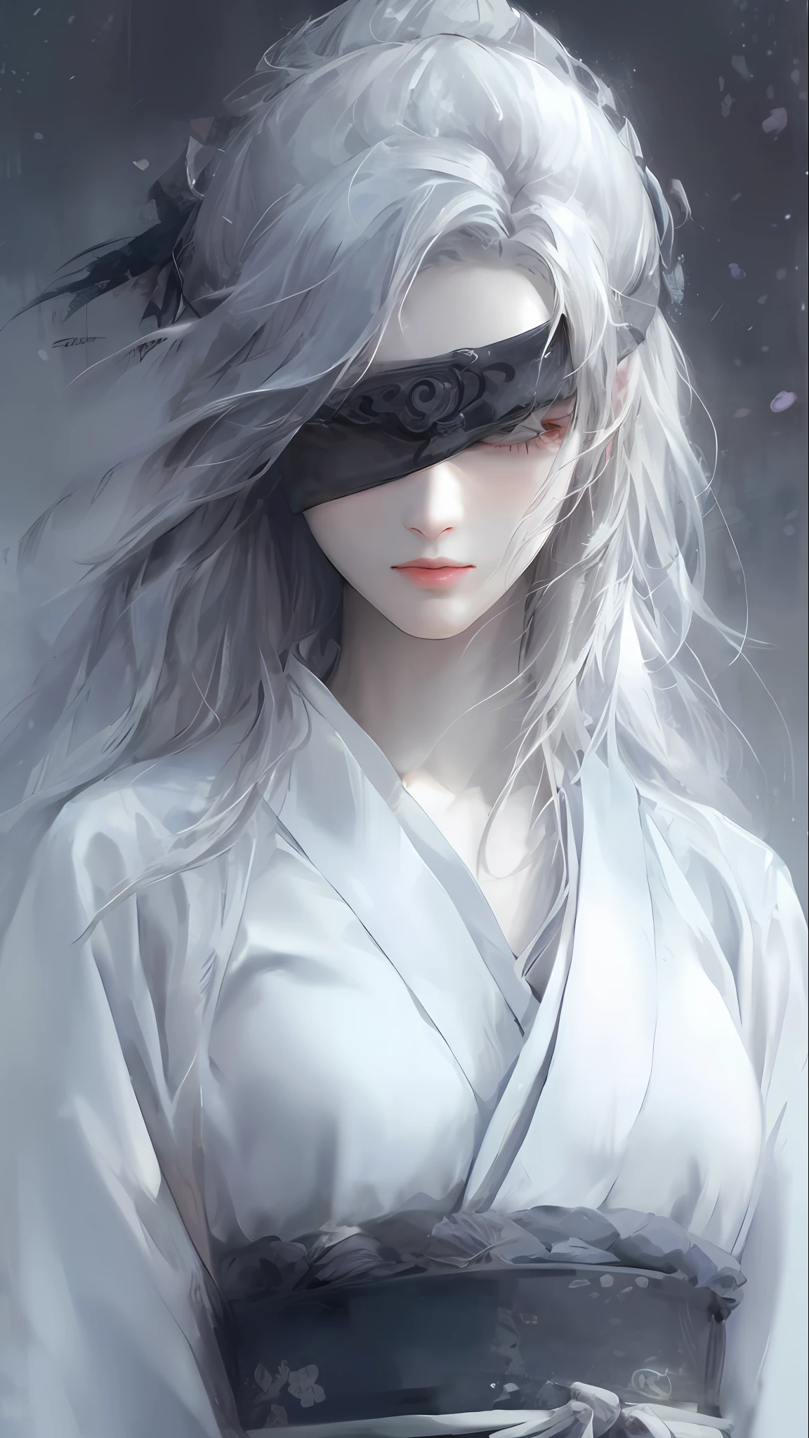 (white-haired god+Guvez style art+Beautiful figure painting:1.5+Yang J+FAN Qi+Wu Zhun Shifan:1.2)，Excellent image quality，HD close-up，White mask and white hair that stand out，mistic、dignified、ellegance，Mysterious and exquisite details，with black background，Full of strong contrasts，It's like a character from ancient mythology，(The character is in the center：Emphasize the charisma of the characters)(Guvitz at the Pixiv Art Station：1.1)。