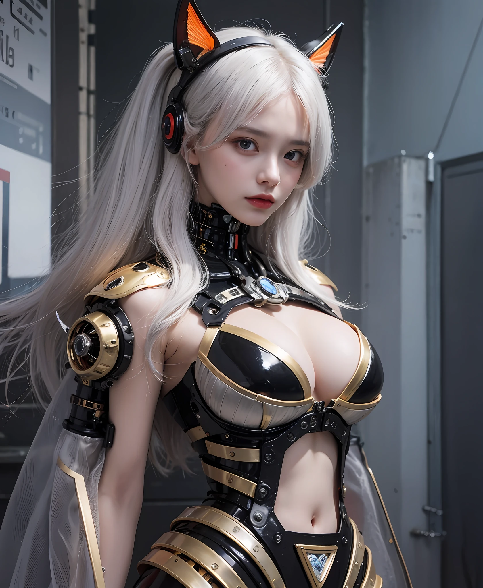 white hair、long fluttering hair、strong breeze、Orange Eyes、radiant eyes、Steampunk Girl、Colossal tits、The face and chest are alive、Cleavage is visible。photoRealstic、portfolio、Evangelion-style metal mecha suit、Combat cyborg、Steampunk details、metalic、detailed mechanical components、Bundle of thin tubes、Metal cylinder、Detailed neon、Fine LED、Fine parts
