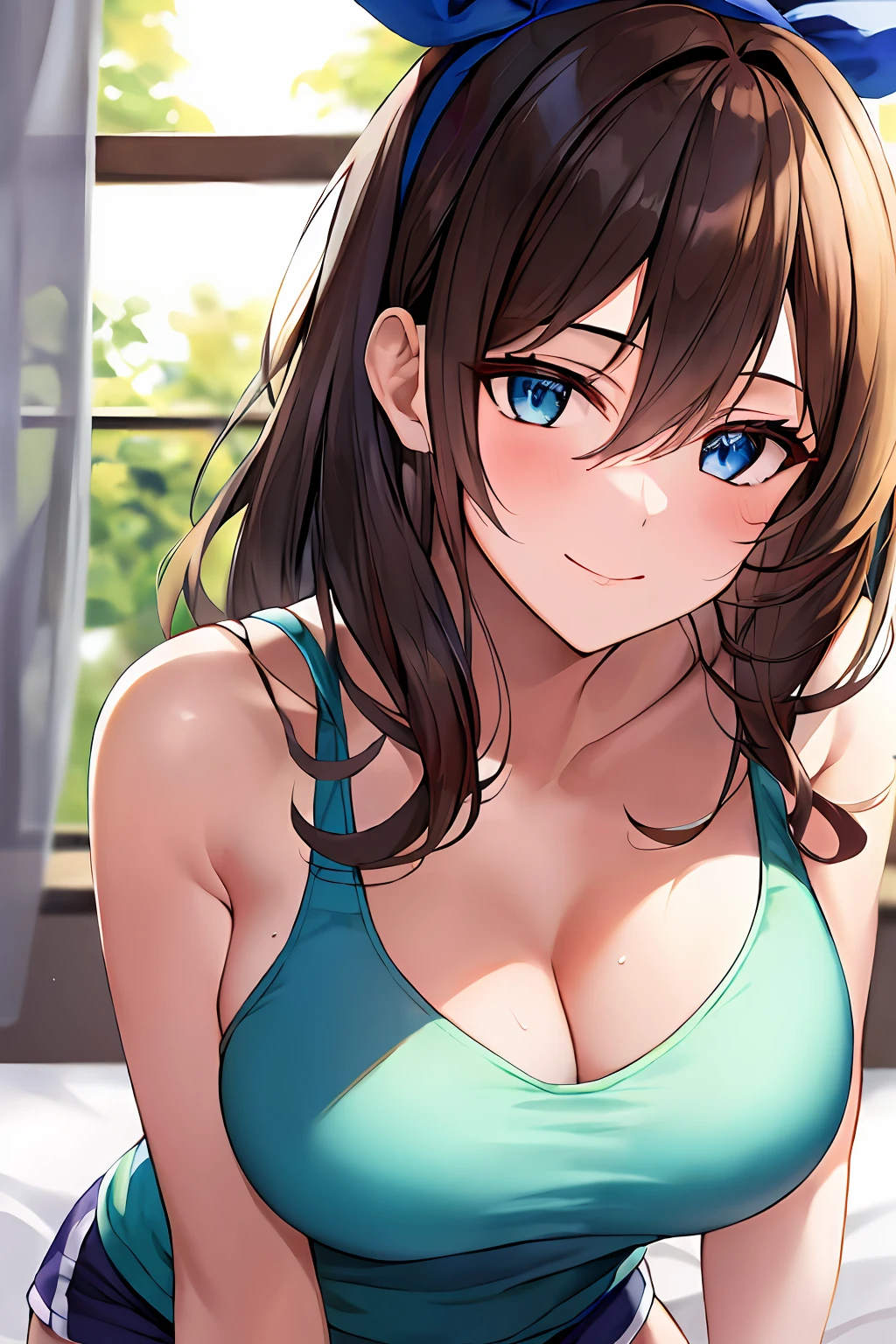 (masterpiece:1.3), (absurdres:1.3), (best quality:1.3), hand of Guido Daniele, (ultra-detailed:1.3),(best shadow:0.7), (handled hair), 
1girl, solo, ts1, brown hair, bang between eyes, long hair, blue eyes, red hair_ribbon, star hair_ornament, breasts, cleavage, smile, closed_mouth, leaning forward viewer, facing viewer, close-up, pov, 
blue tank_top, sport shorts with open seams, wariza, on bed, 
BREAK indoors, bedroom, window,