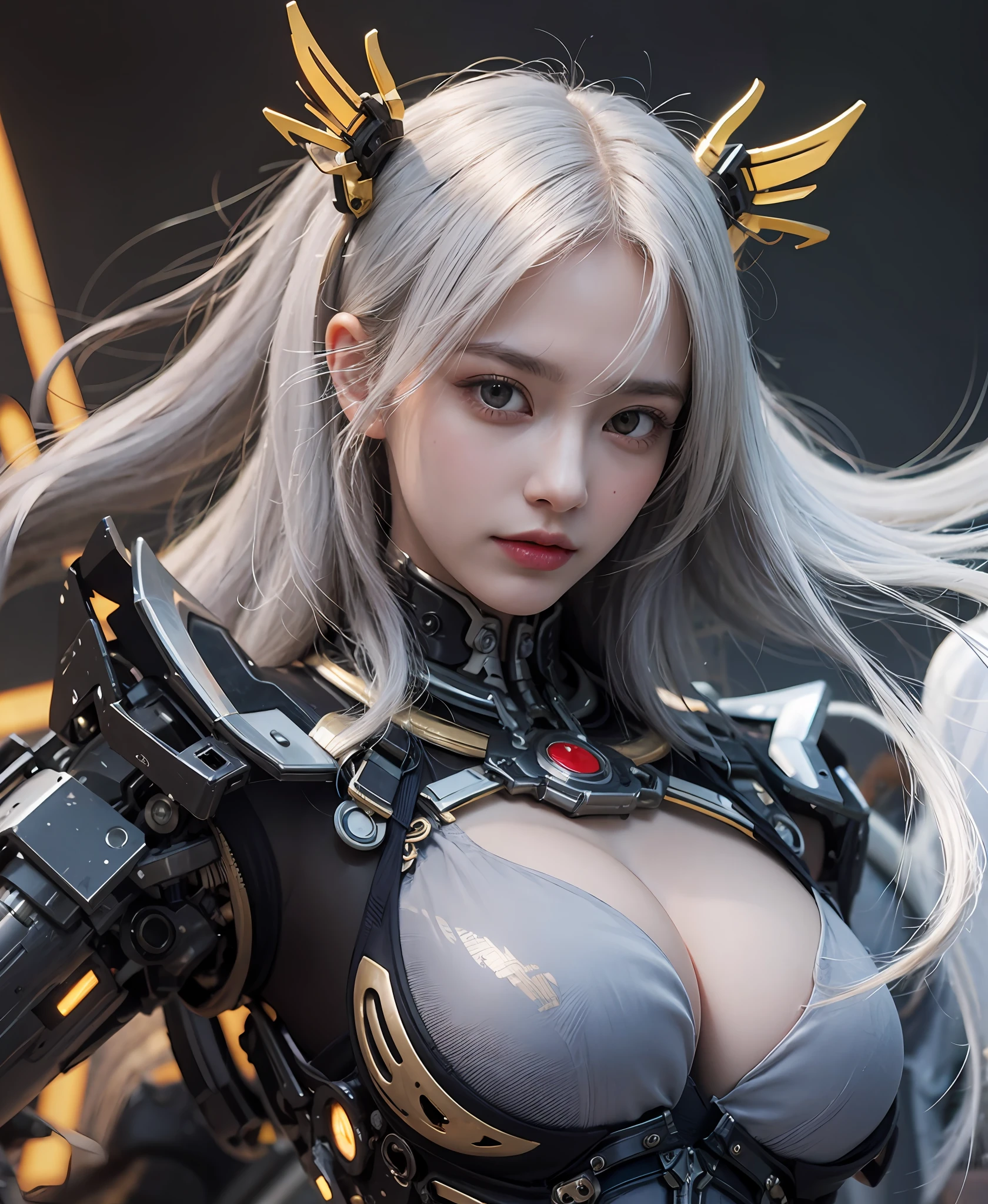 white  hair、long fluttering hair、strong breeze、Orange Eyes、radiant eyes、Steampunk Girl、Colossal tits、The face and chest are alive、Cleavage is visible。photoRealstic、portfolio、Evangelion-style metal mecha suit、Combat cyborg、Steampunk details、metalic、detailed mechanical components、Bundle of thin tubes、Metal cylinder、Detailed neon、Fine LED、Fine parts