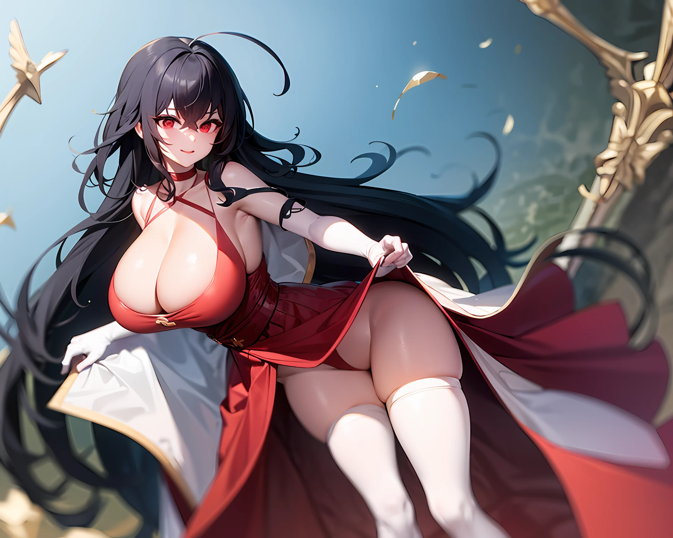 quadratic element,whaite hair,curlies,red eyes,White dress long dress,huge tit,痴女,mature,high-heels,ssmile,plumw,Slightly fat,looking at viewert,Cross your hands at the waist,A high resolution,upper legs,White knee-length socks,Crystal heels,tmasterpiece